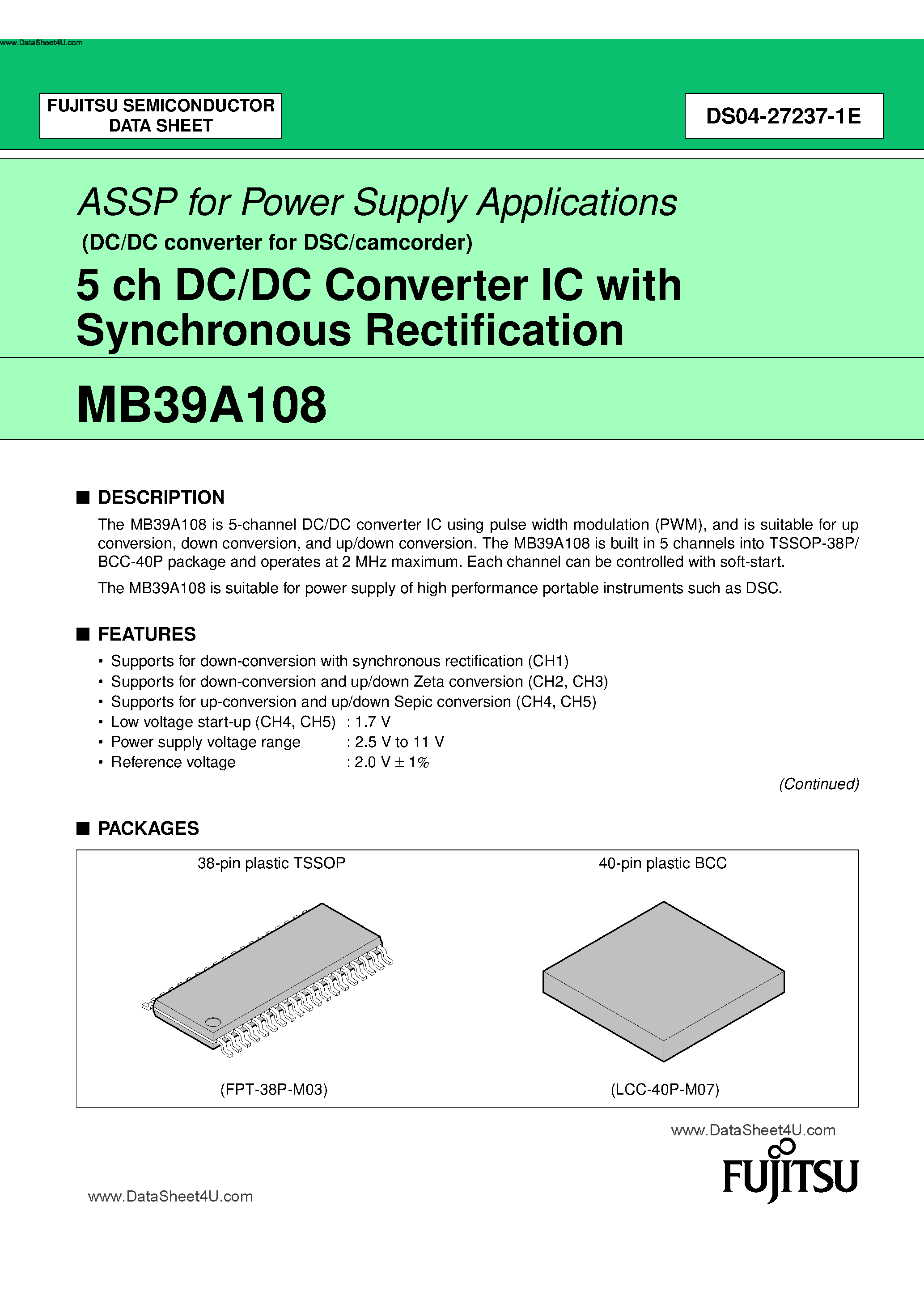 Datasheet MB39A108 - 5-Channel DC/DC Converter IC page 1