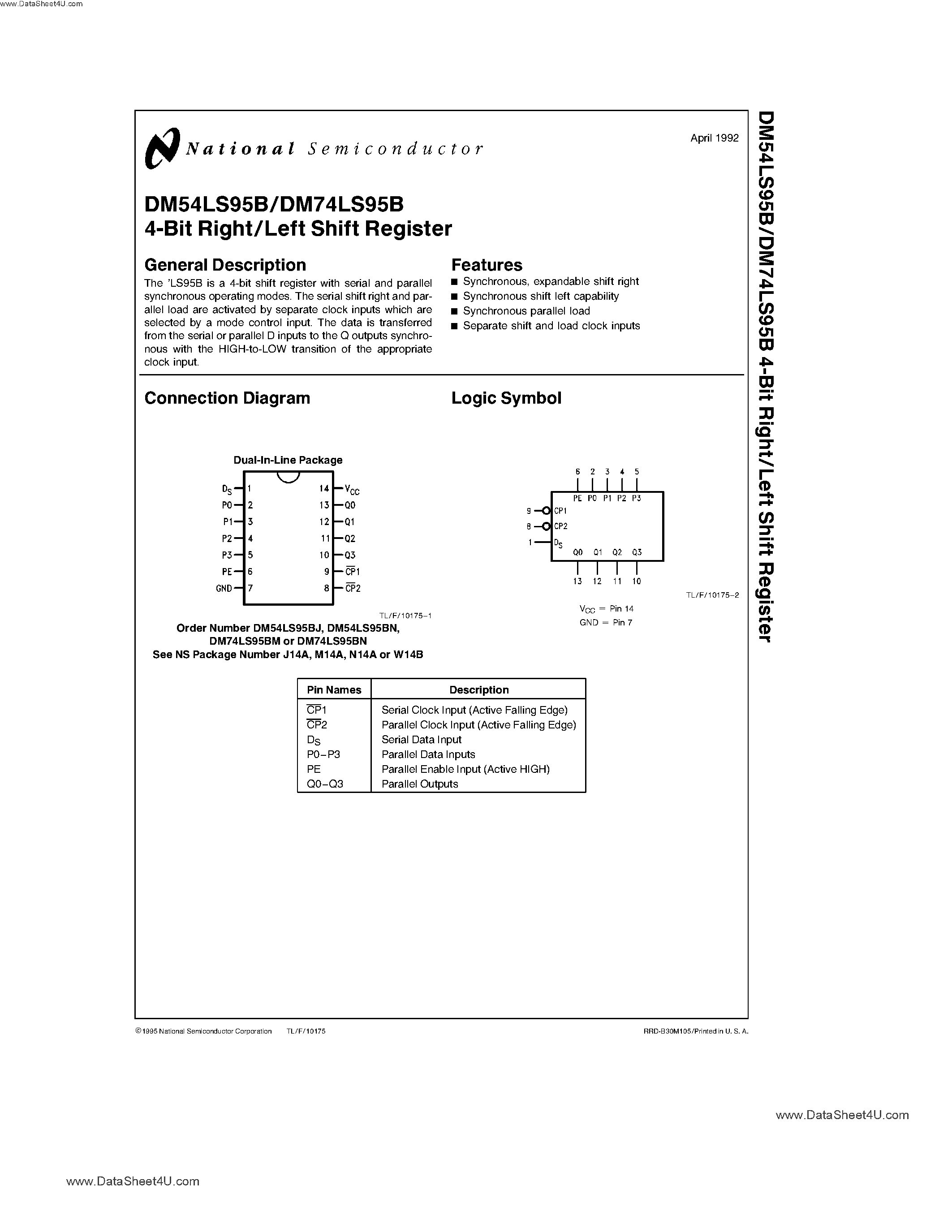 Даташит на микросхему DM74LS95B страница 1 Даташит DM74LS95B - 4-BIR RIGHT/LEFT SHIFT REGISTER страница 1