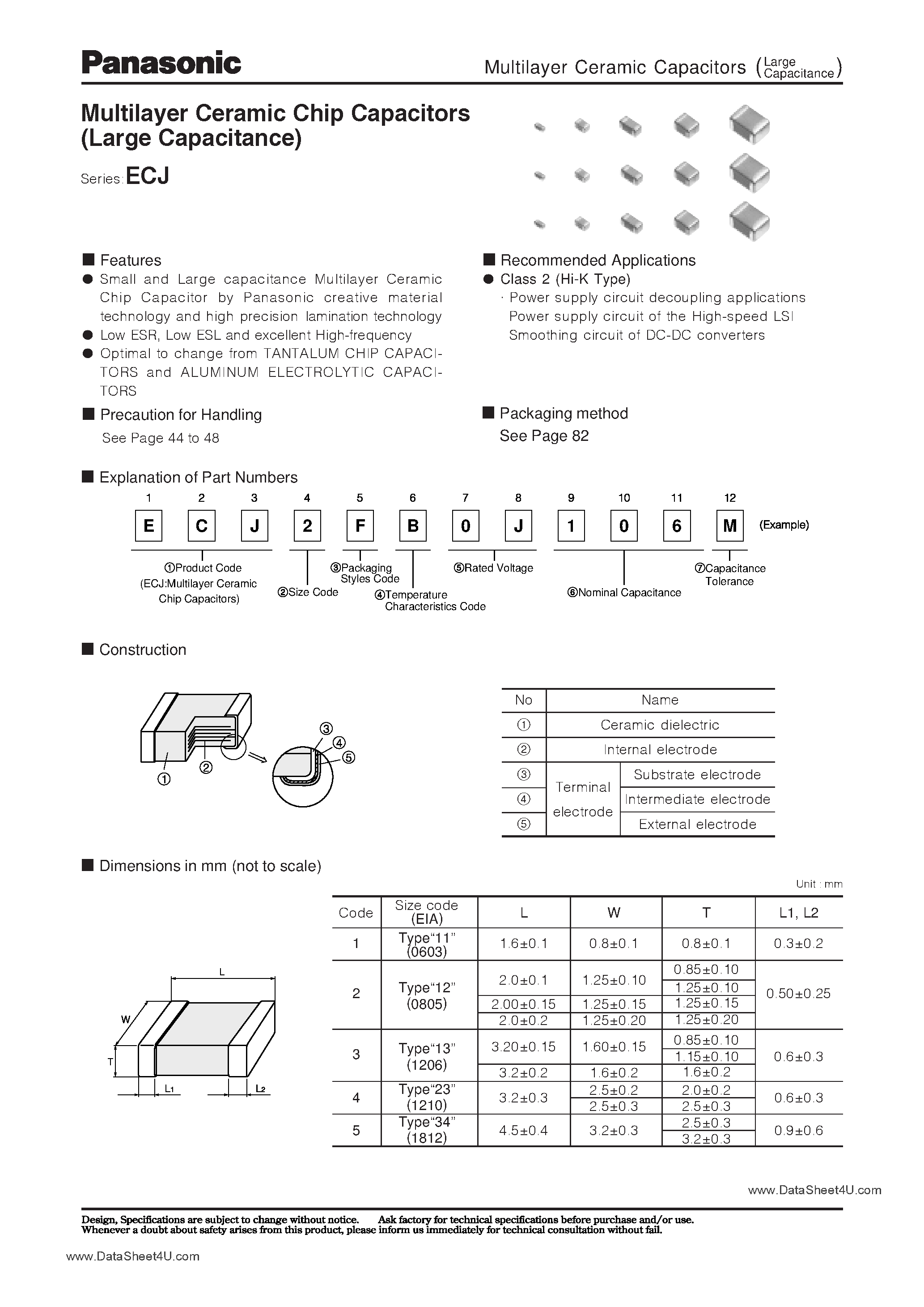 Datasheet ECJ1xxxxx page 1 Datasheet ECJ1xxxxx - (ECJ Series) Multilayer Ceramic Chip Capacitors page 1