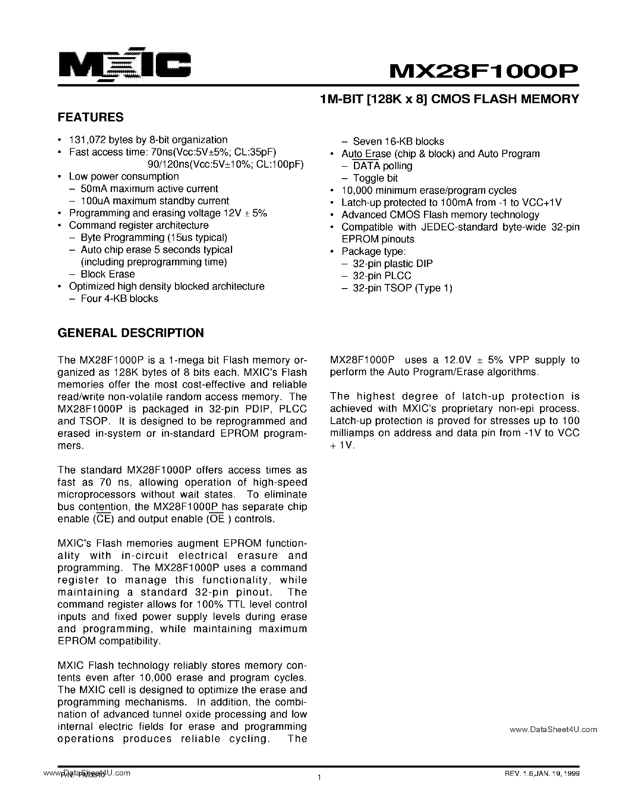 Datasheet MX28F1000P - 1M-BIT [128K x 8] CMOS FLASH MEMORY page 1