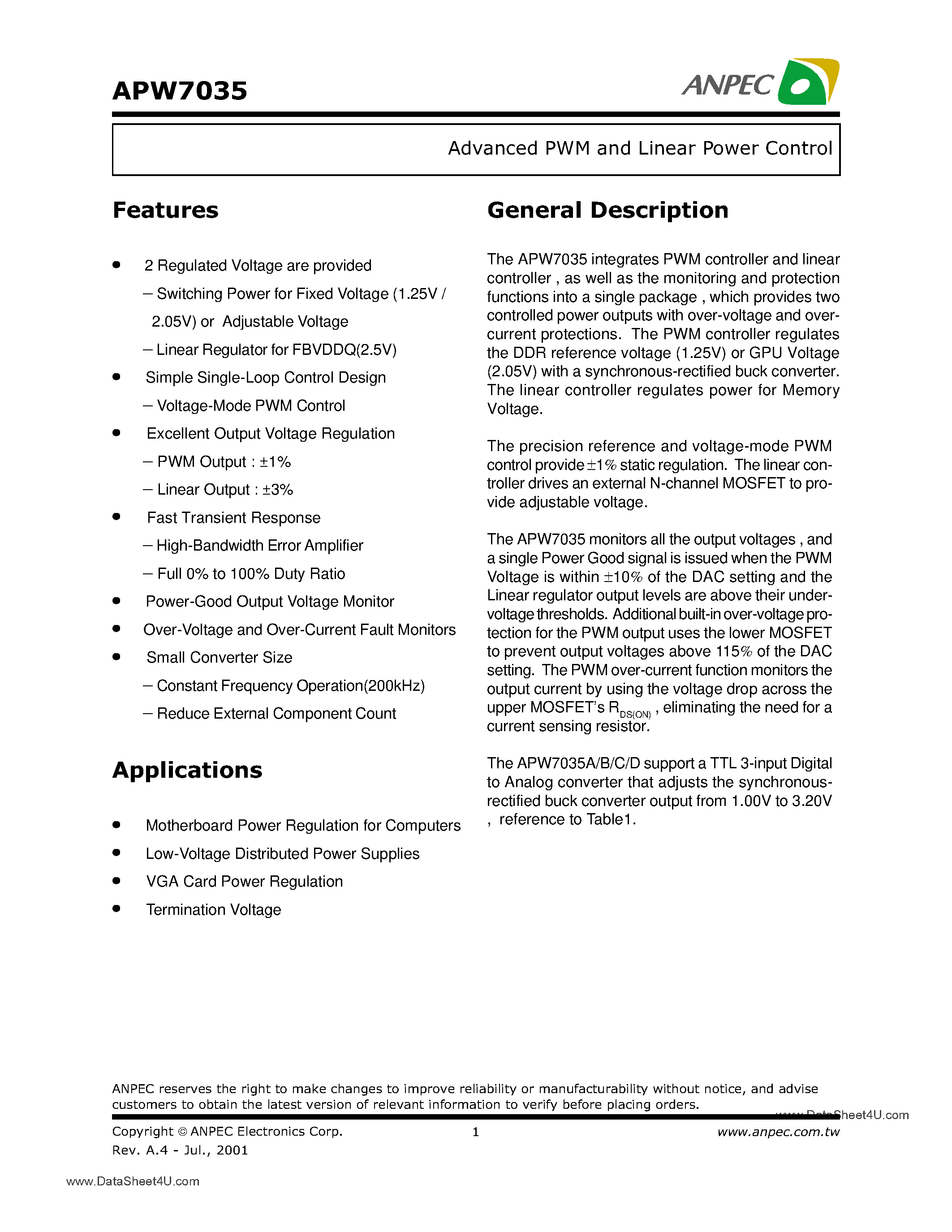 Datasheet APW7035 - Advanced PWM and Linear Power Control page 1