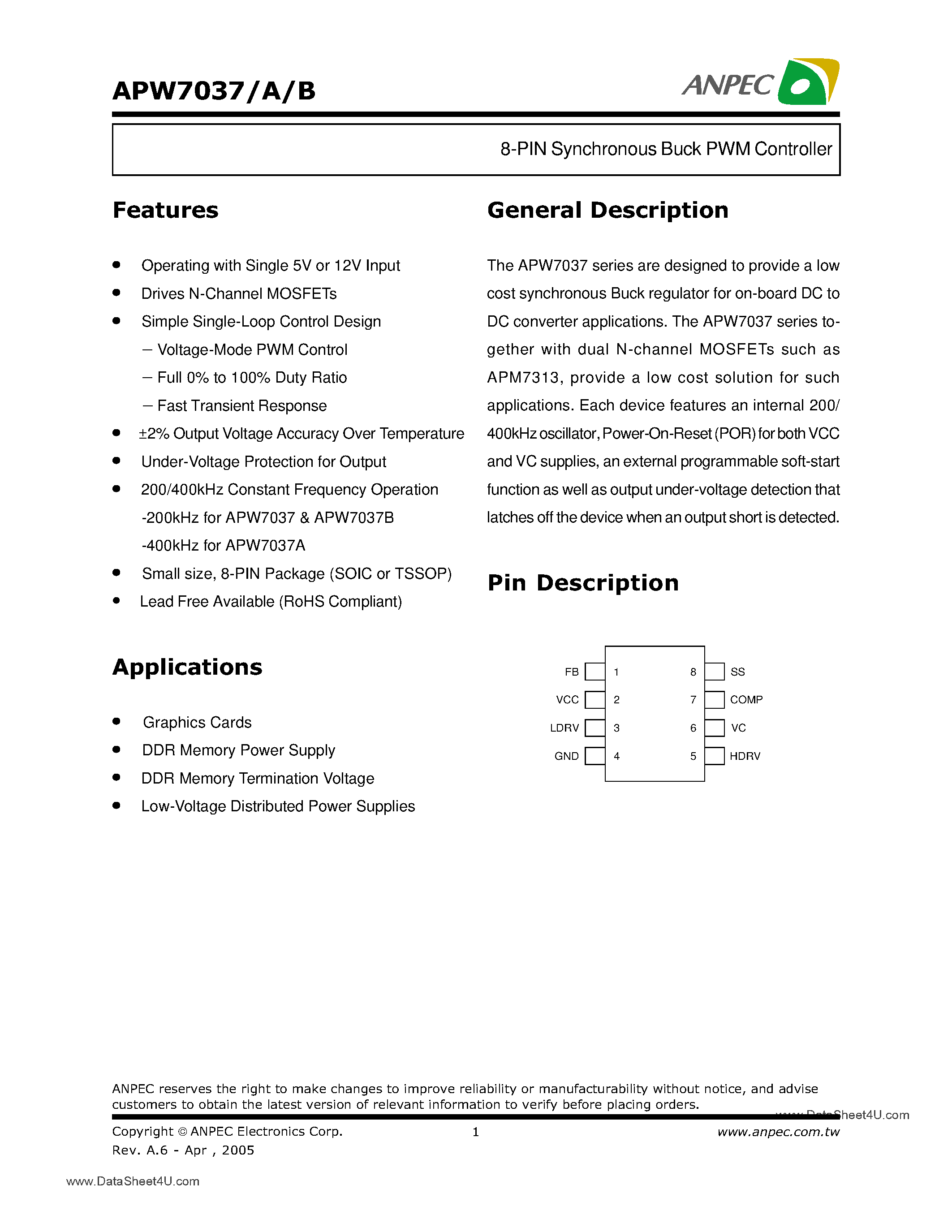 Даташит на микросхему APW7037 страница 1 Даташит APW7037 - 8-Pin Synchronous Buck PWM Controller страница 1