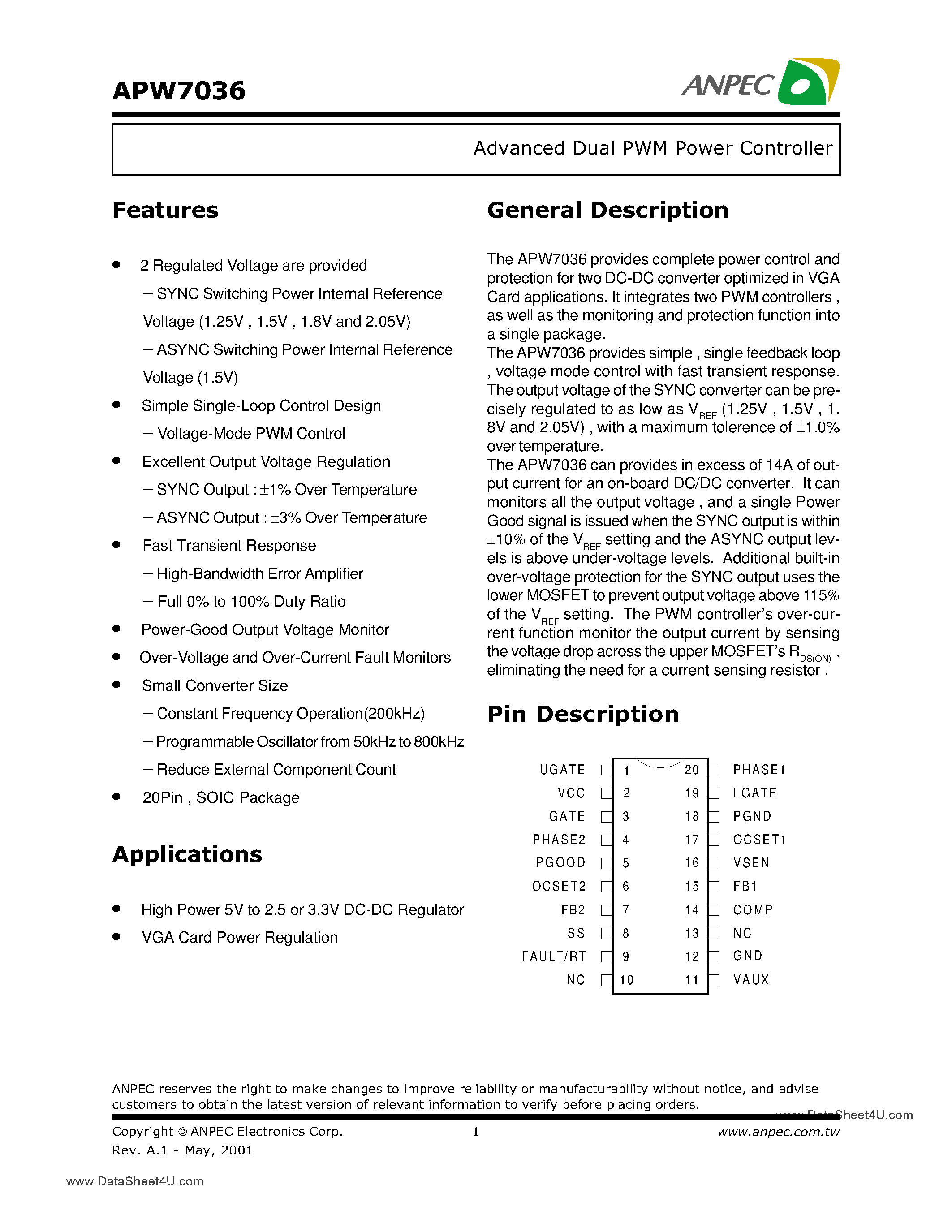 Datasheet APW7036 - Advanced Dual PWM Power Controller page 1