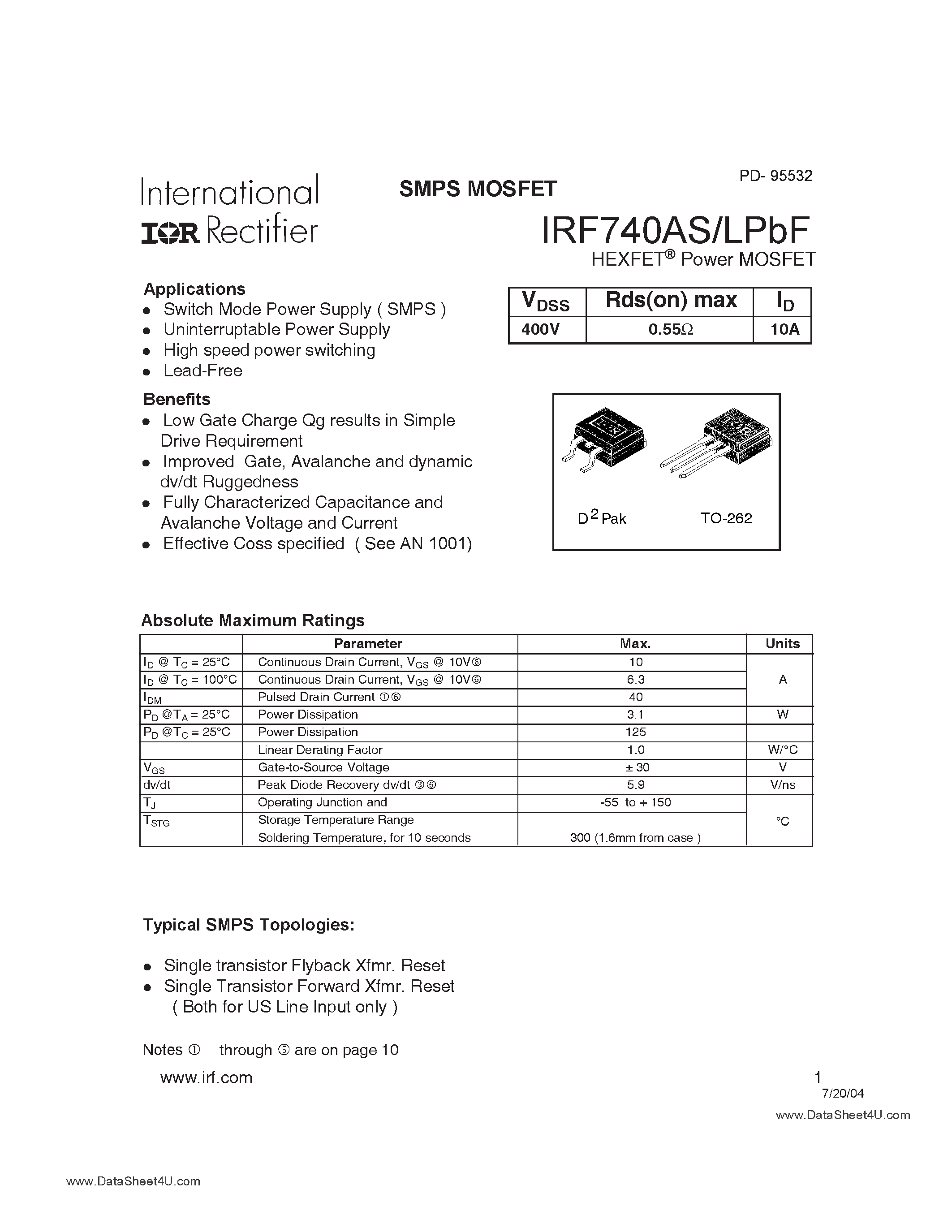 Datasheet IRF740ALPbF - (IRF740AS/LPbF) Power MOSFET page 1