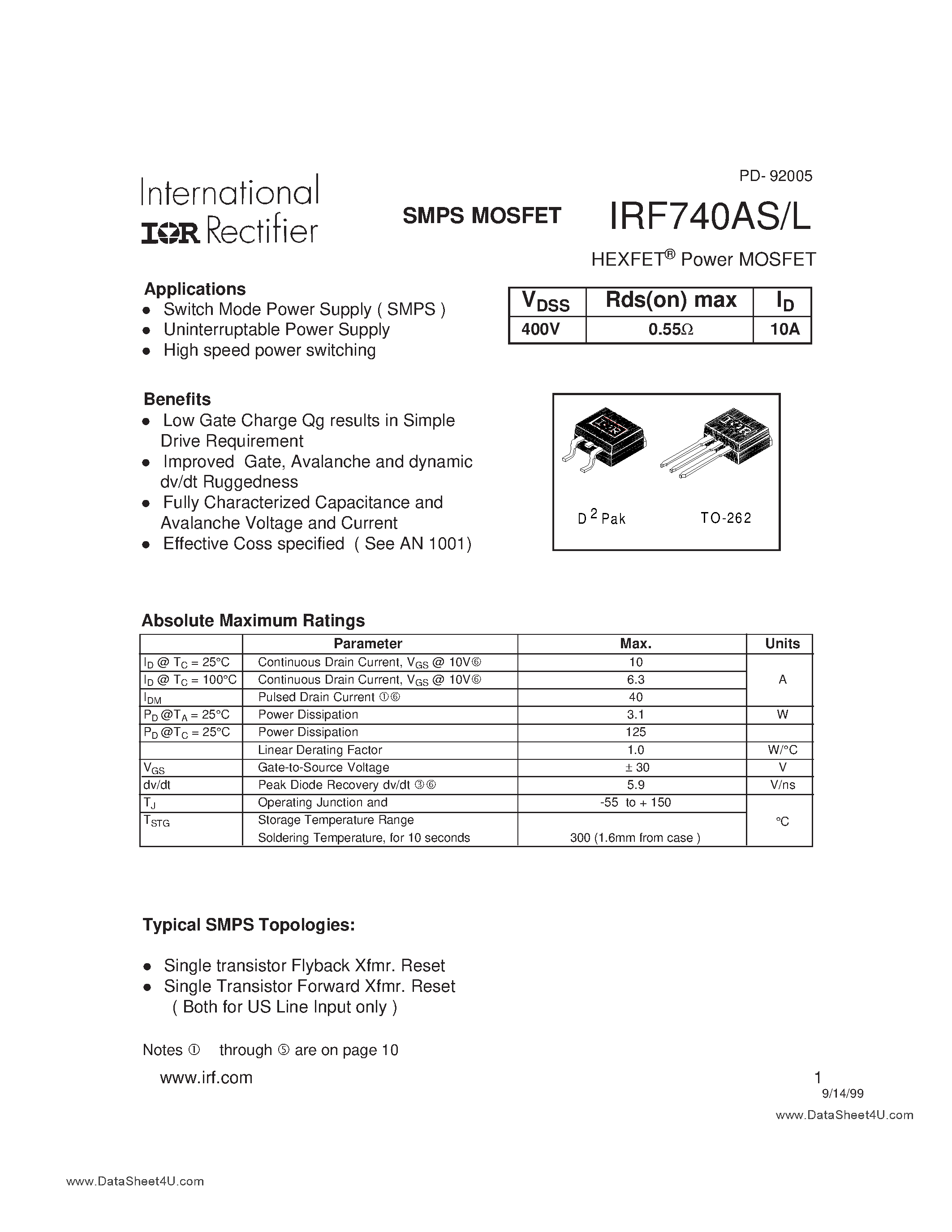Даташит на микросхему IRF740AL страница 1 Даташит IRF740AL - (IRF740AS/L) Power MOSFET страница 1