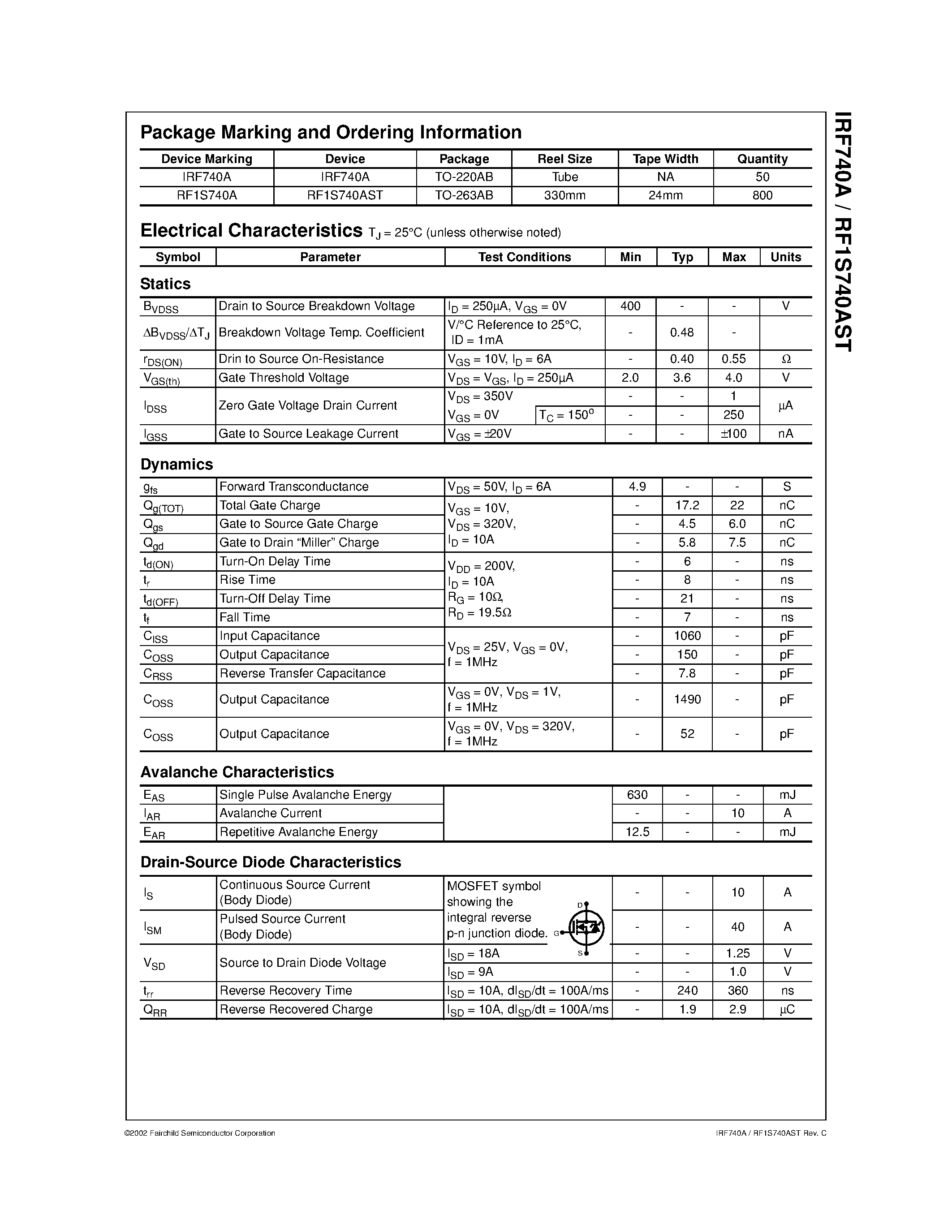 Даташит на микросхему IRF740A страница 2 Даташит IRF740A - N-Channel SMPS Power MOSFET страница 2