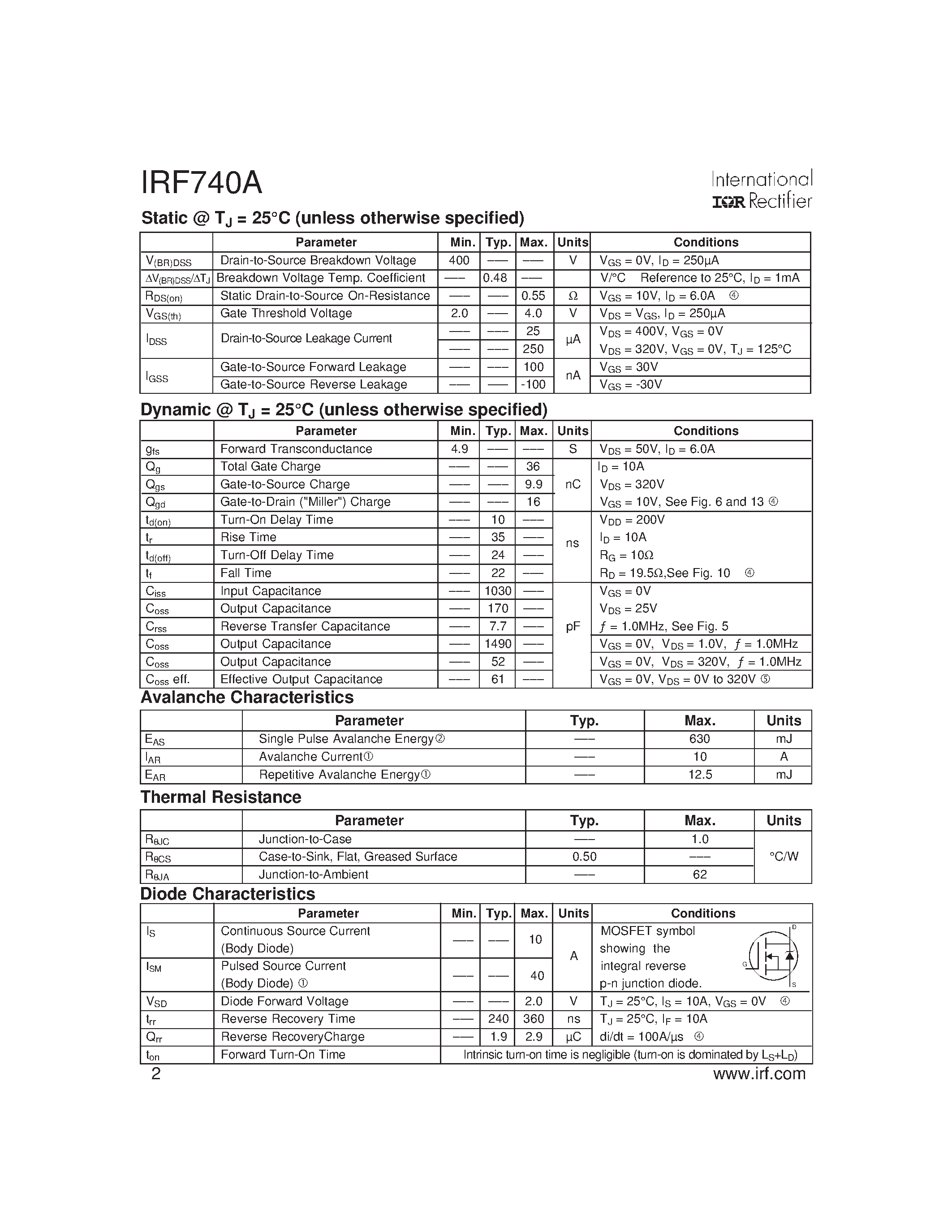 Datasheet IRF740A page 2 Datasheet IRF740A - Power MOSFET page 2