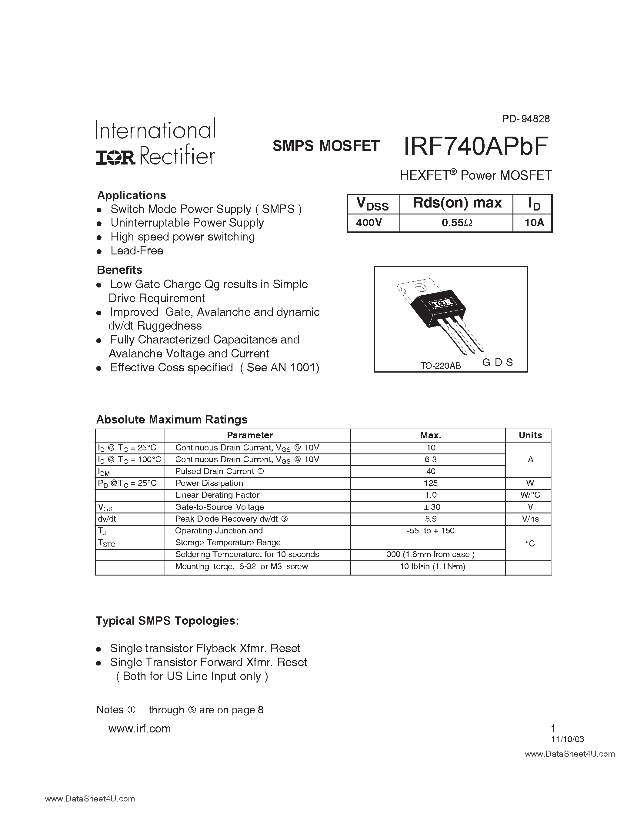 Datasheet IRF740APBF - Power MOSFET page 1