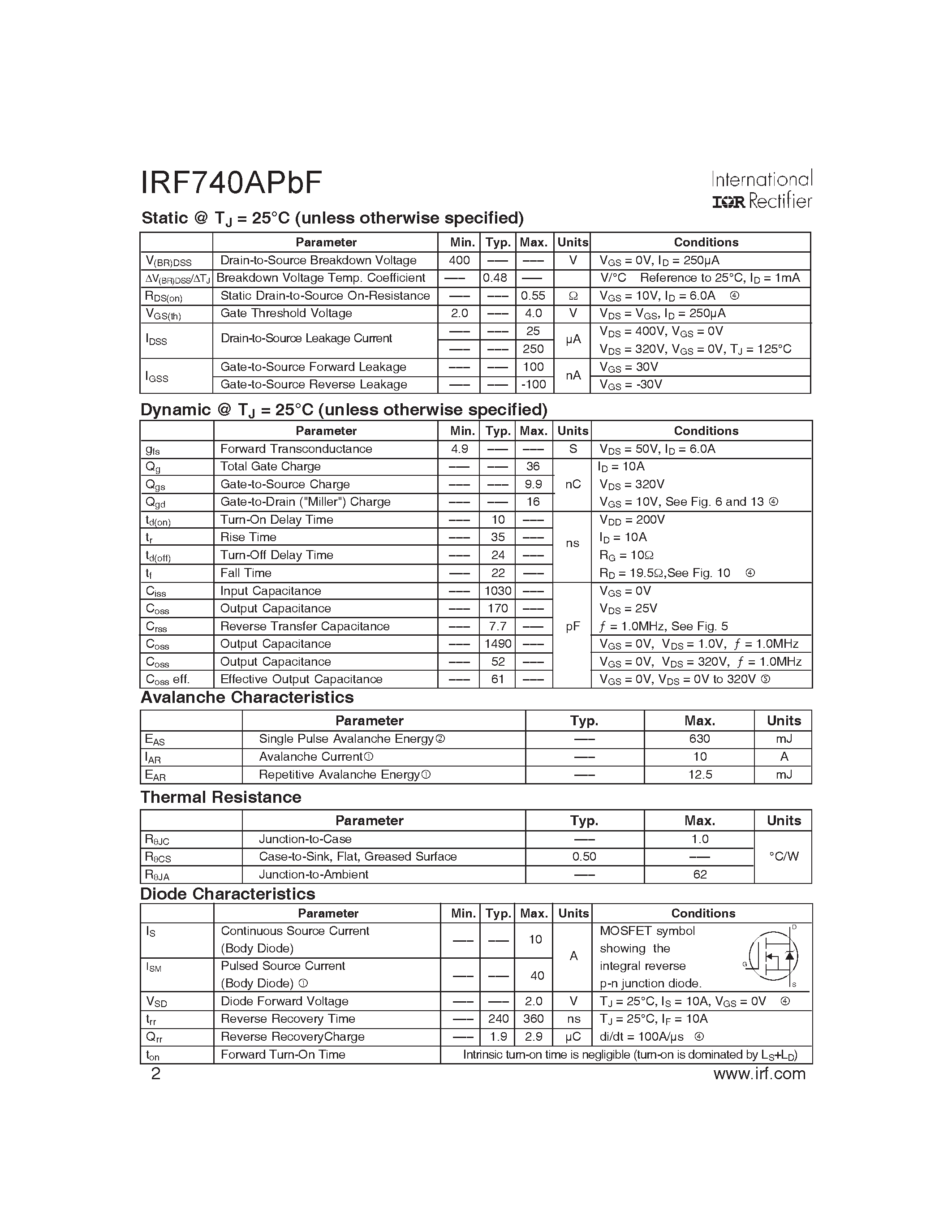 Datasheet IRF740APBF - Power MOSFET page 2