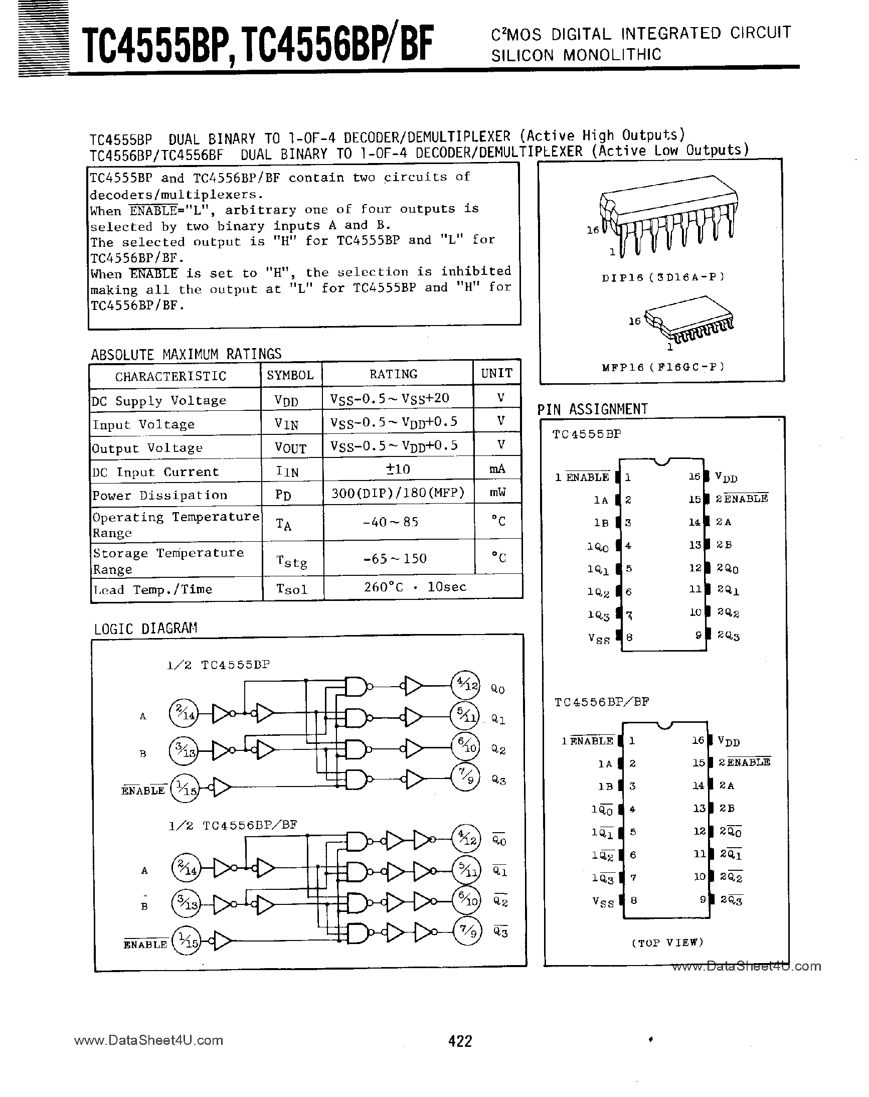 Datasheet TC4555BP - (TC4555BP / TC4556BP/BF) Dual Binary to 1-of-4 Decoder / Demultiplexer page 1
