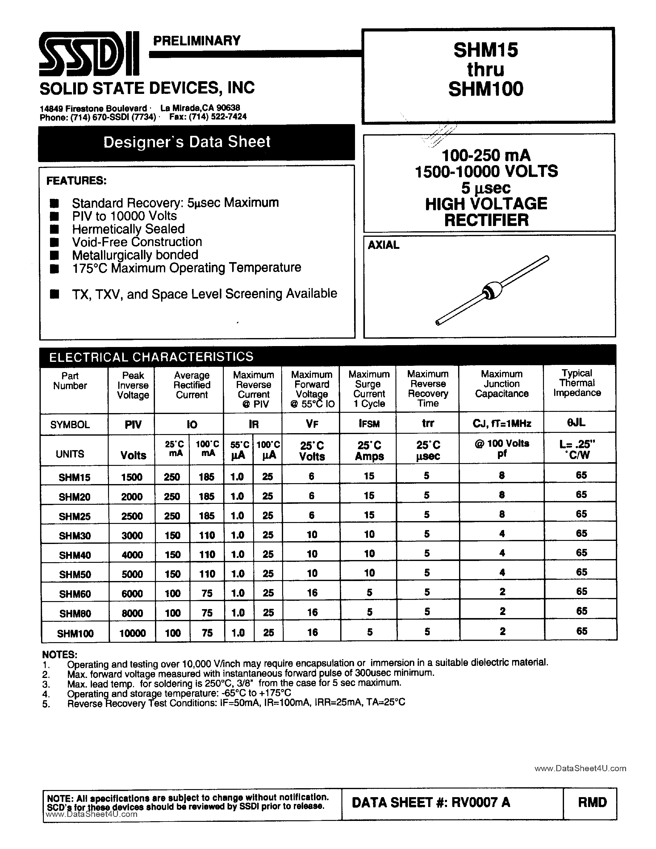 Datasheet SHM100 page 1 Datasheet SHM100 - (SHM15 - SHM100) High Voltage Rectifier page 1
