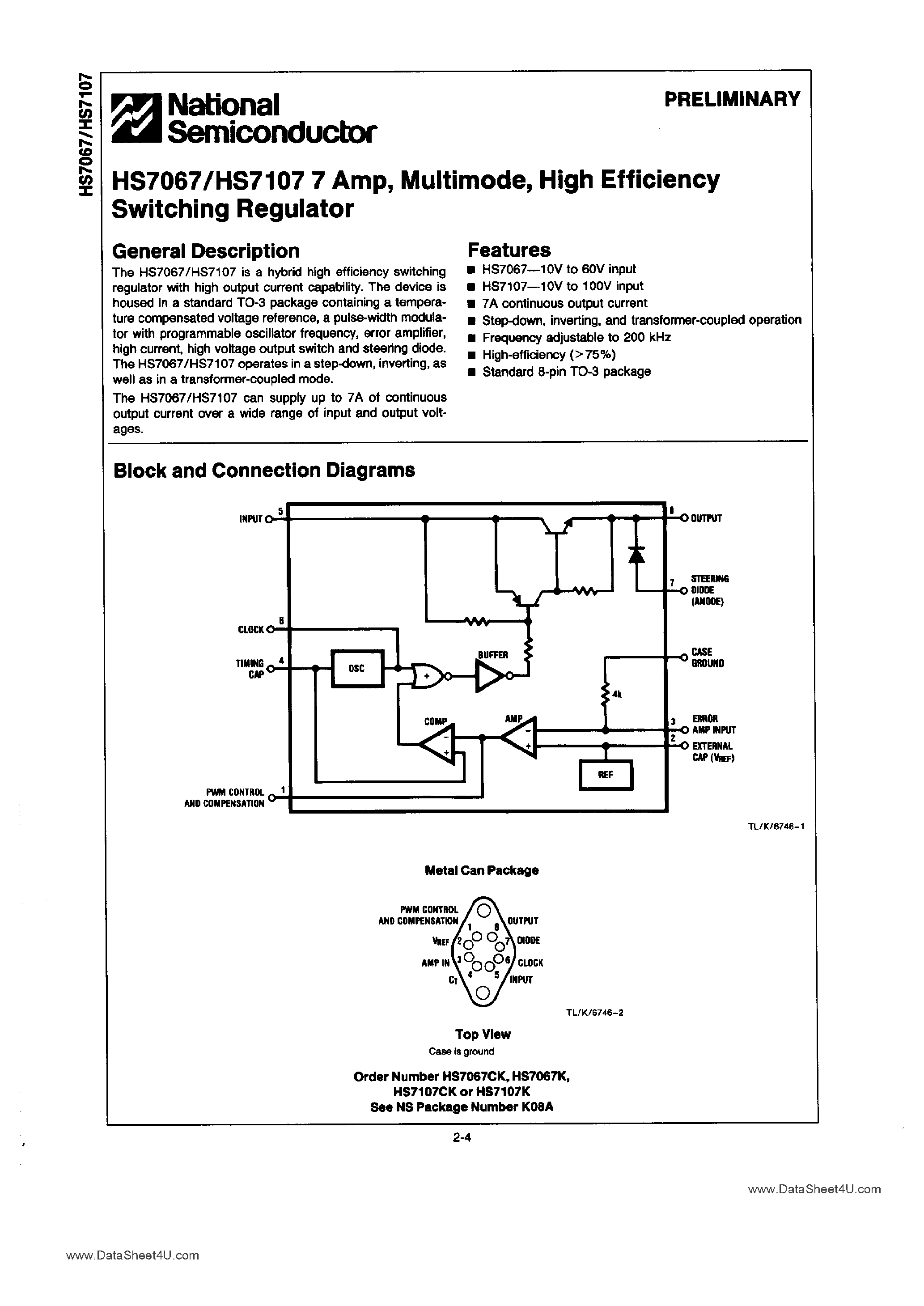 Datasheet HS7067 page 1 Datasheet HS7067 - (HS7107 / HS7067) 7 AMP / MULTIMODE / HIGH EFFICIENCY SWITCHING REGULATOR page 1