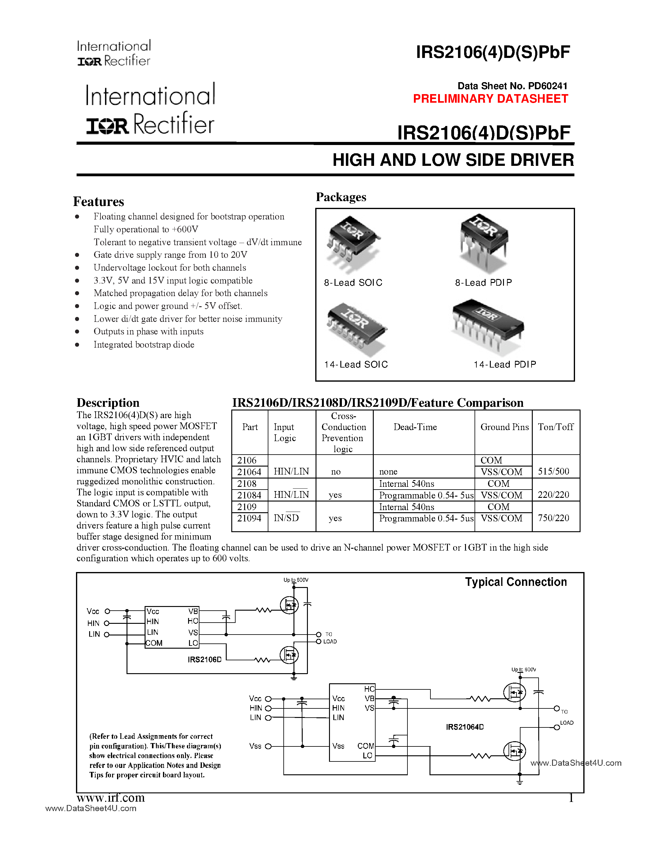 Даташит на микросхему IRS2106S страница 1 Даташит IRS2106S - (IRS2106(4)D(S)PbF) High and Low Side Driver страница 1