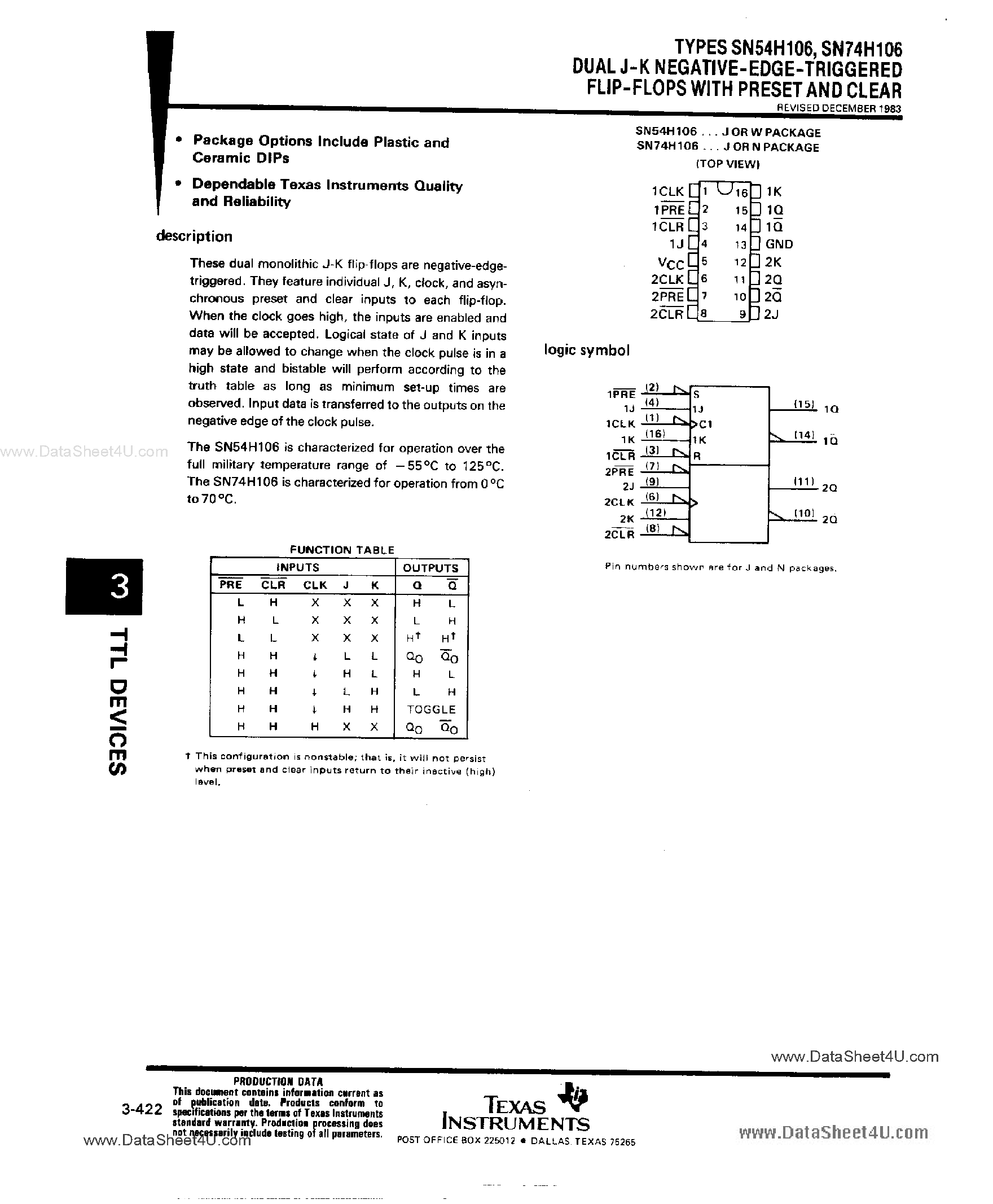 Datasheet 74H106 page 1 Datasheet 74H106 - Search -----> SN74H106 / DM74H106 page 1