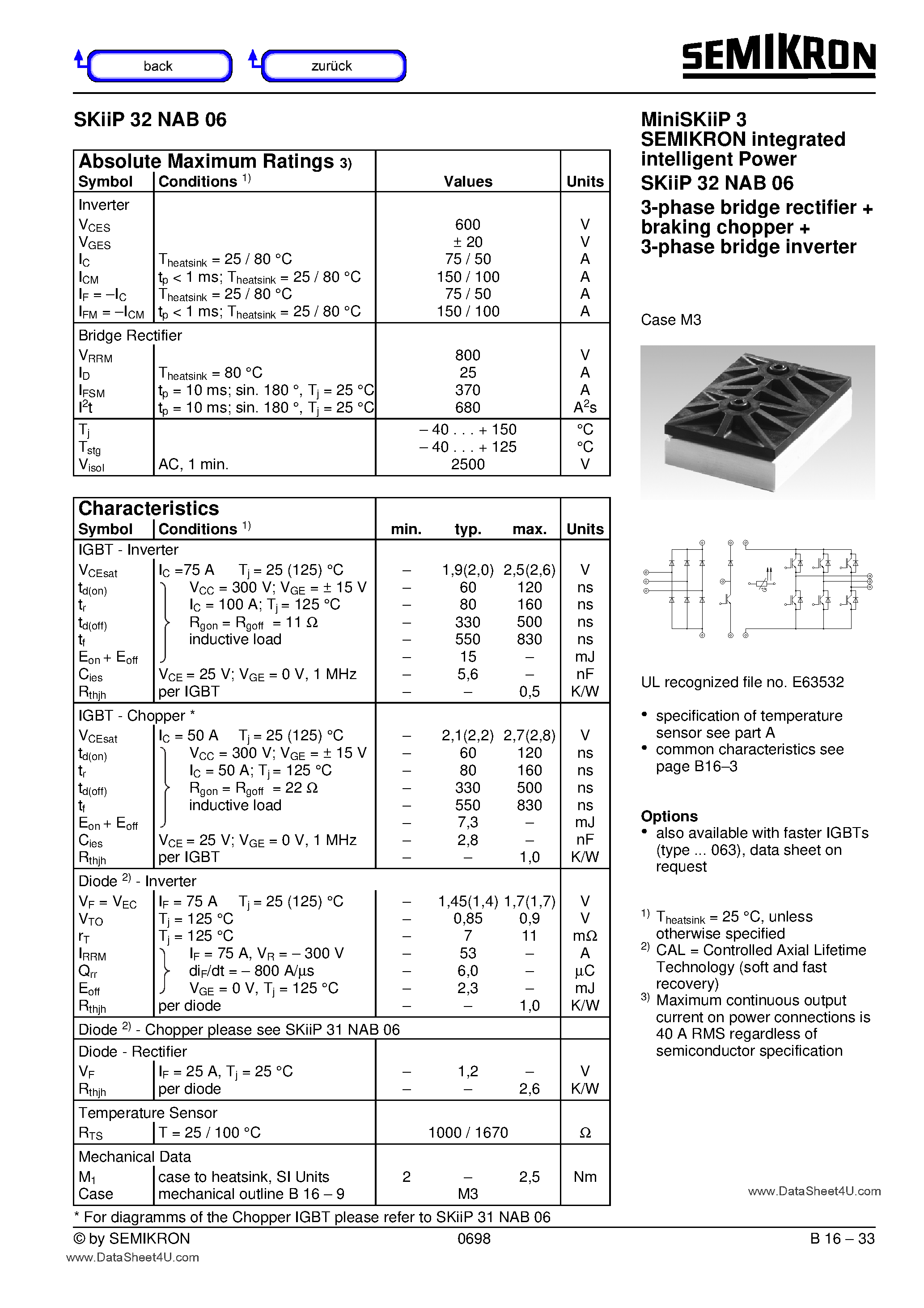 Datasheet SKIIP32NAB06 - 3-phase bridge rectifier + braking chopper + 3-phase bridge inverter page 1