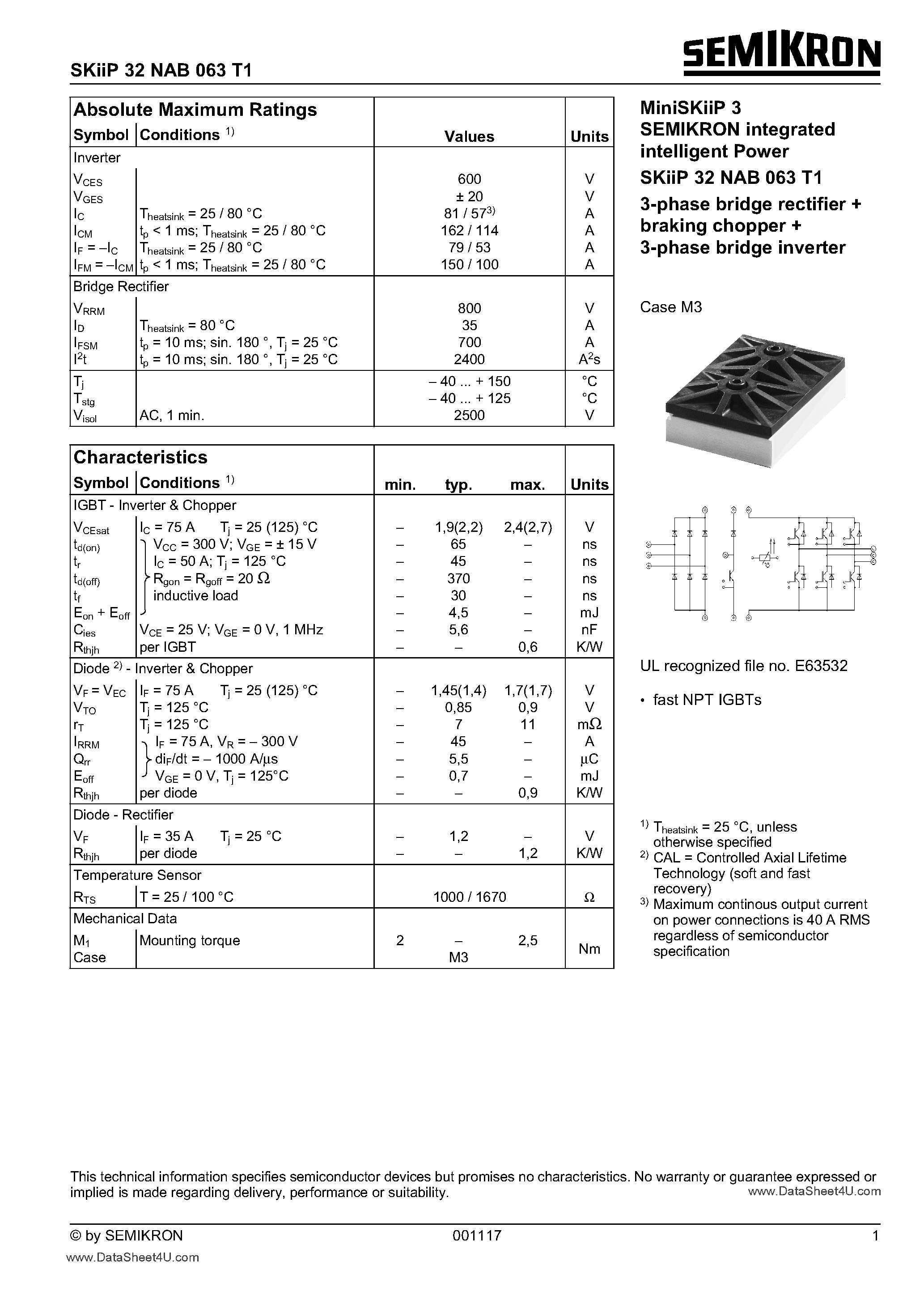 Datasheet SKIIP32NAB06T1 - 3-phase bridge rectifier + braking chopper + 3-phase bridge inverter page 1