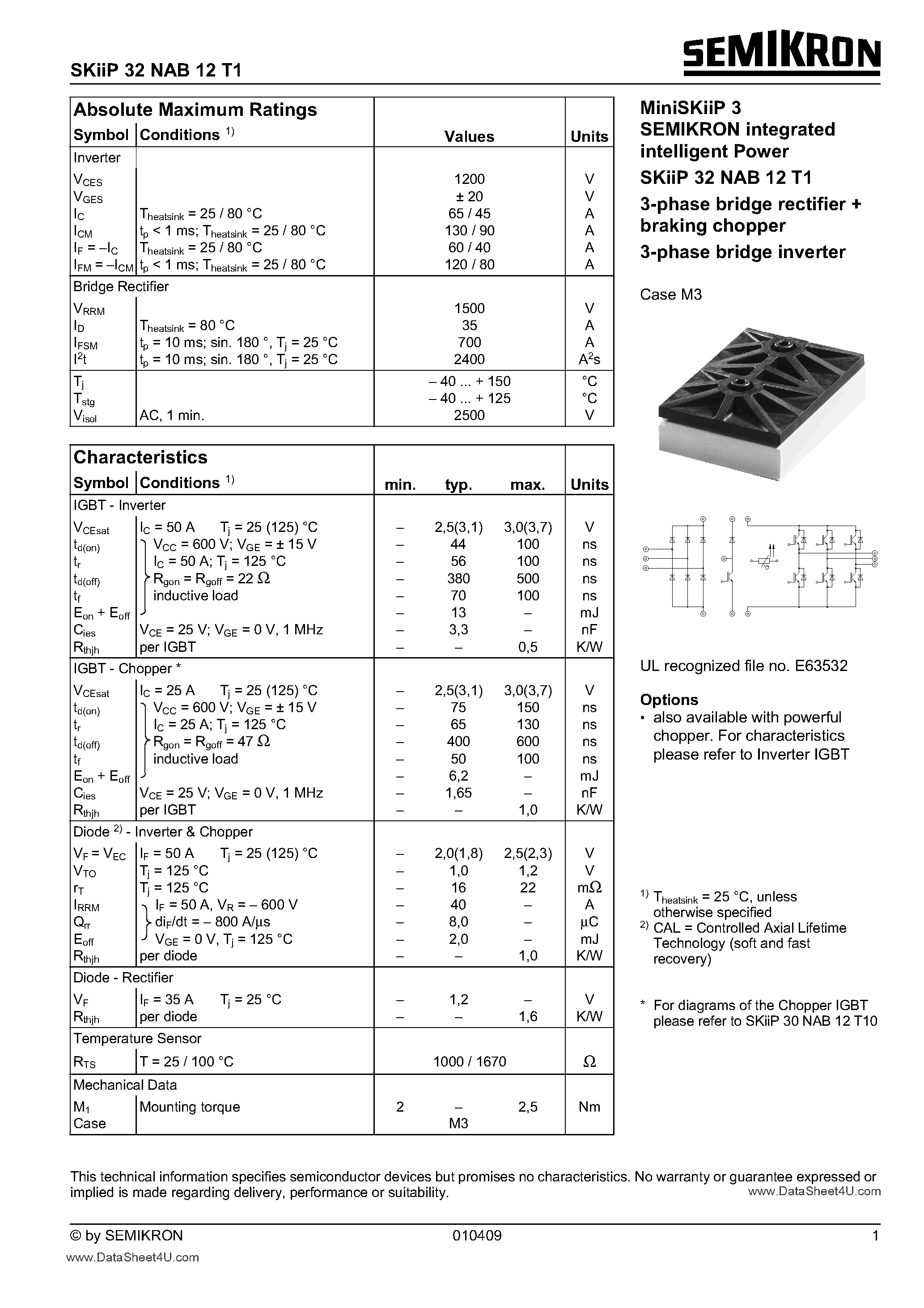 Datasheet SKIIP32NAB12T1 - 3-phase bridge rectifier + braking chopper + 3-phase bridge inverter page 1