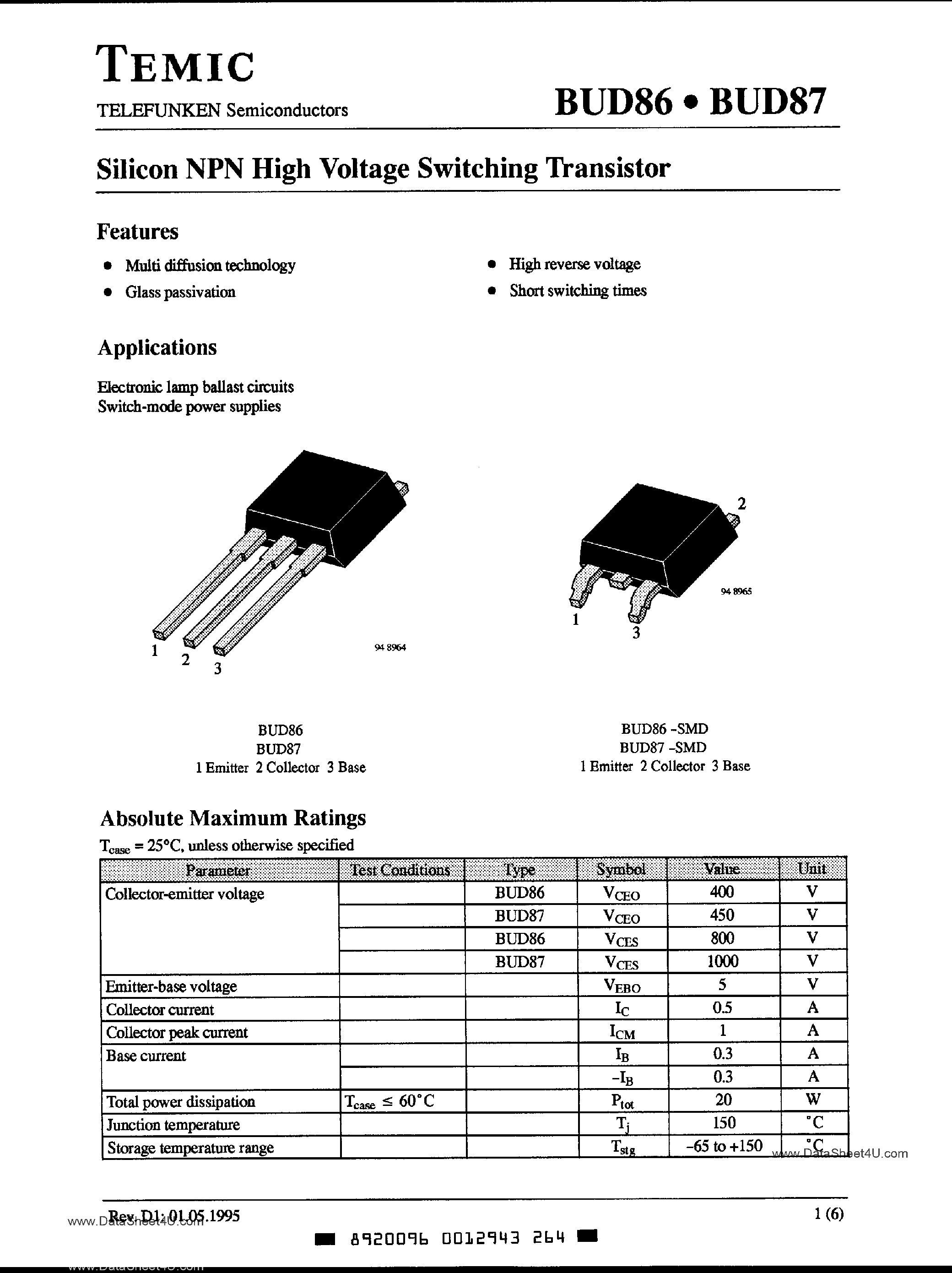 Даташит на микросхему BUD86 страница 1 Даташит BUD86 - (BUD86 / BUD87) Silicon NPN High Voltage Switching Transistor страница 1