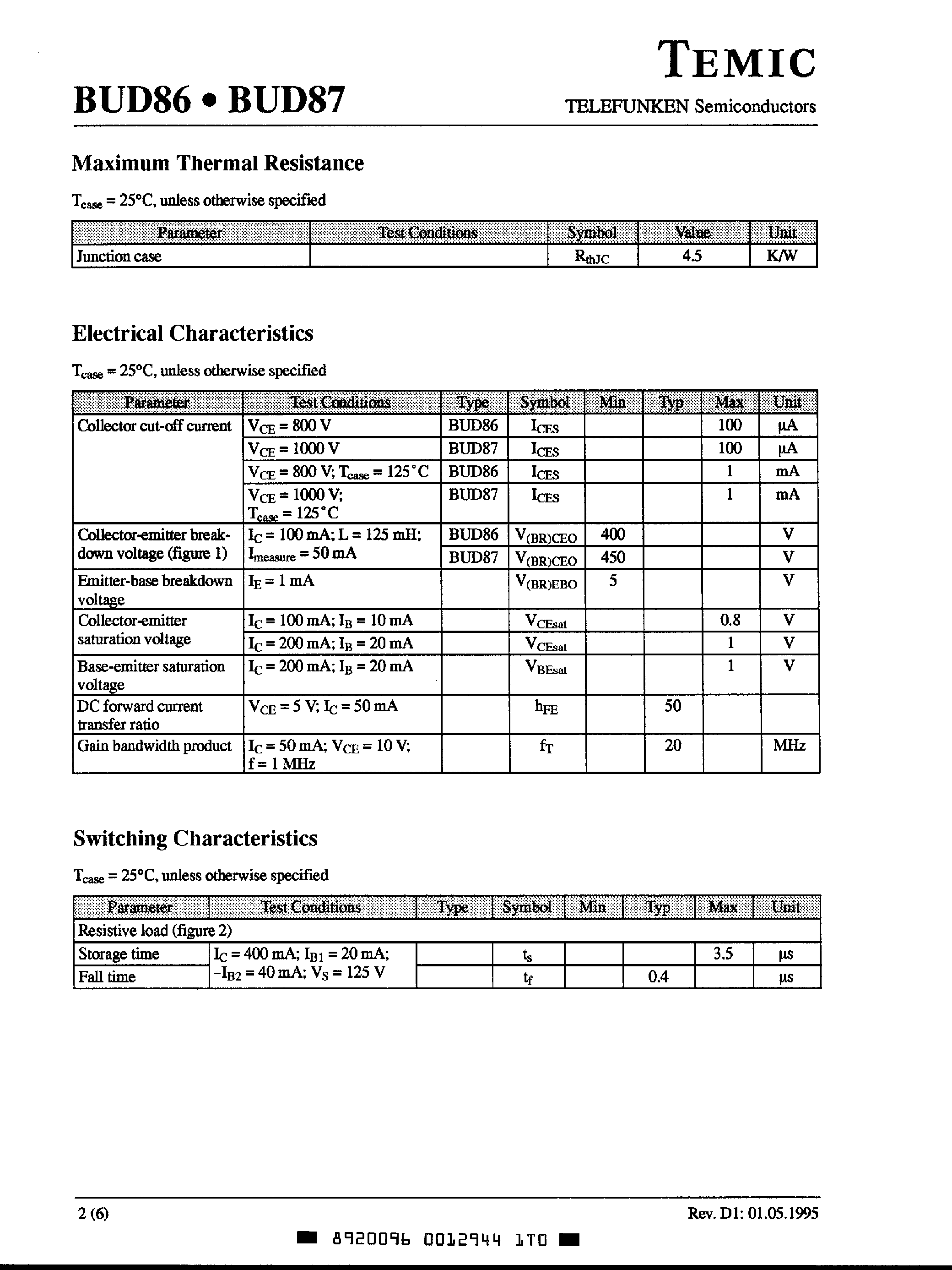 Даташит на микросхему BUD86 страница 2 Даташит BUD86 - (BUD86 / BUD87) Silicon NPN High Voltage Switching Transistor страница 2