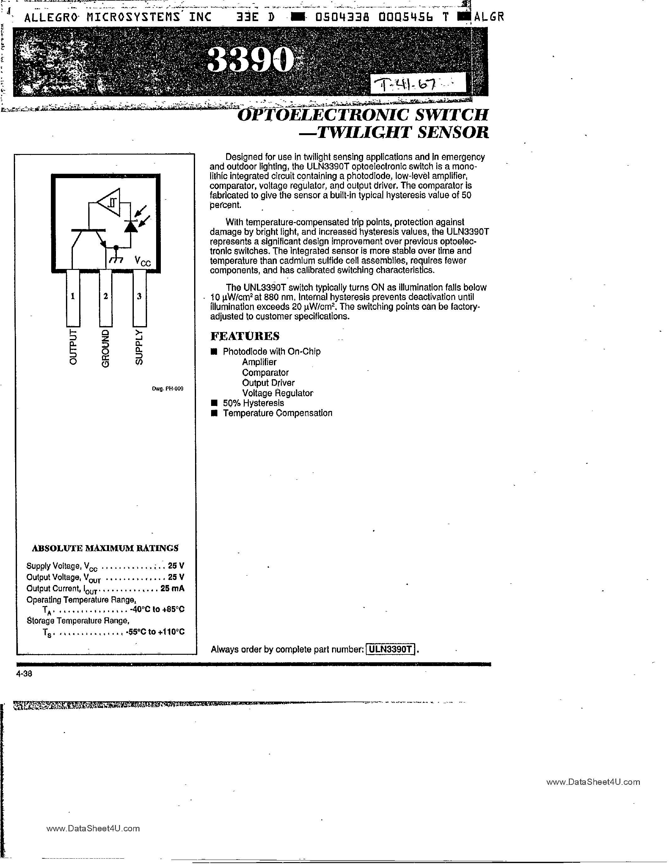 Даташит ULN3390 - Optoelectronic Switch Twilight Sensor страница 1