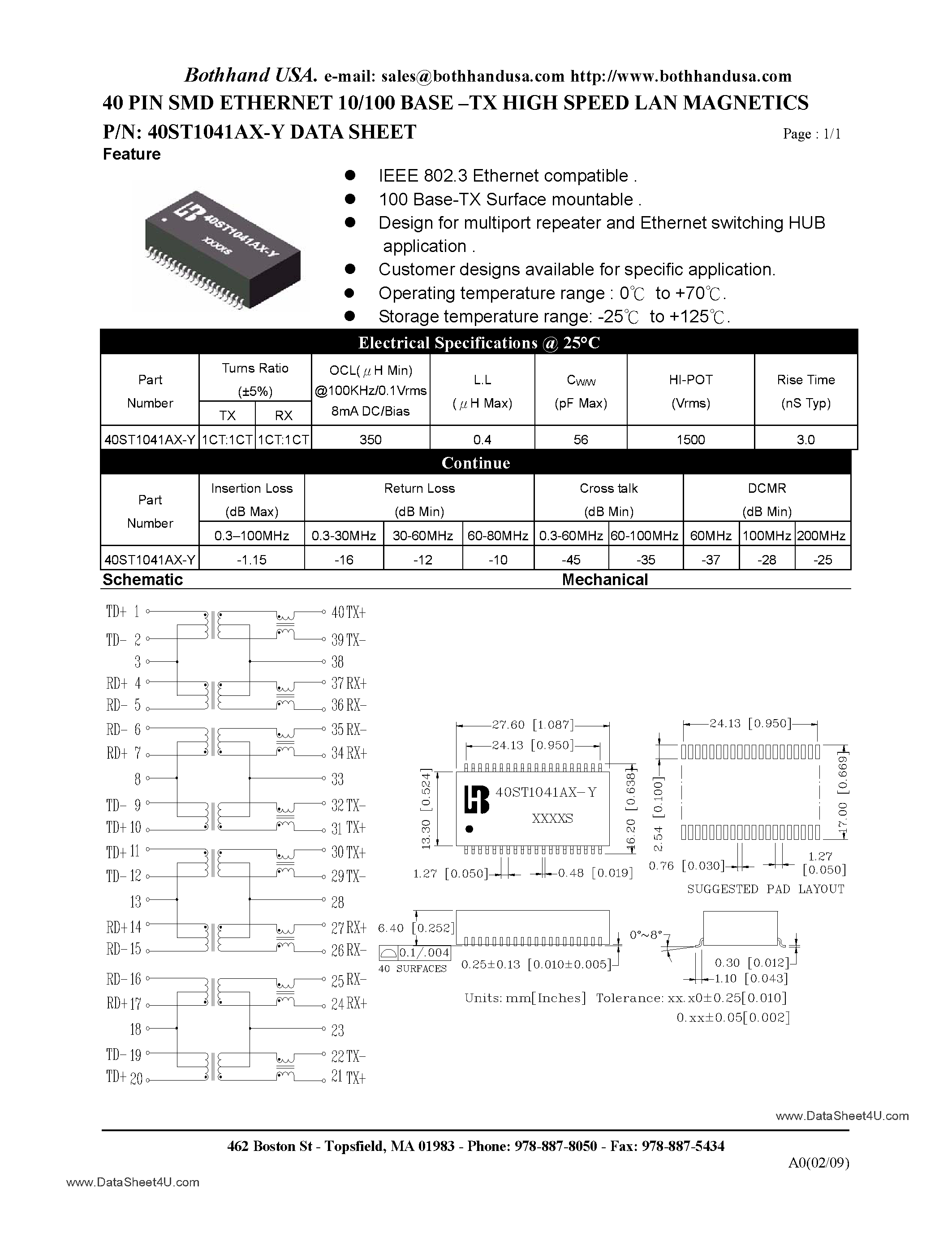 Datasheet 40ST1041AX-Y page 1 Datasheet 40ST1041AX-Y - 40 PIN SMD ETHERNET 10/100 BASE QUAD PORT TRANSFORMER page 1