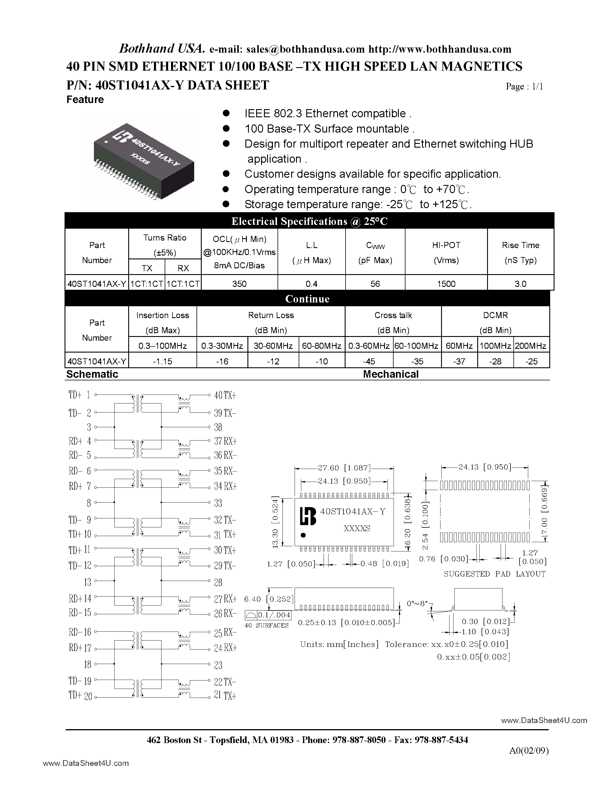 Datasheet 40ST1041AX-Y - 40 PIN SMD ETHERNET 10/100 BASE QUAD PORT TRANSFORMER page 1