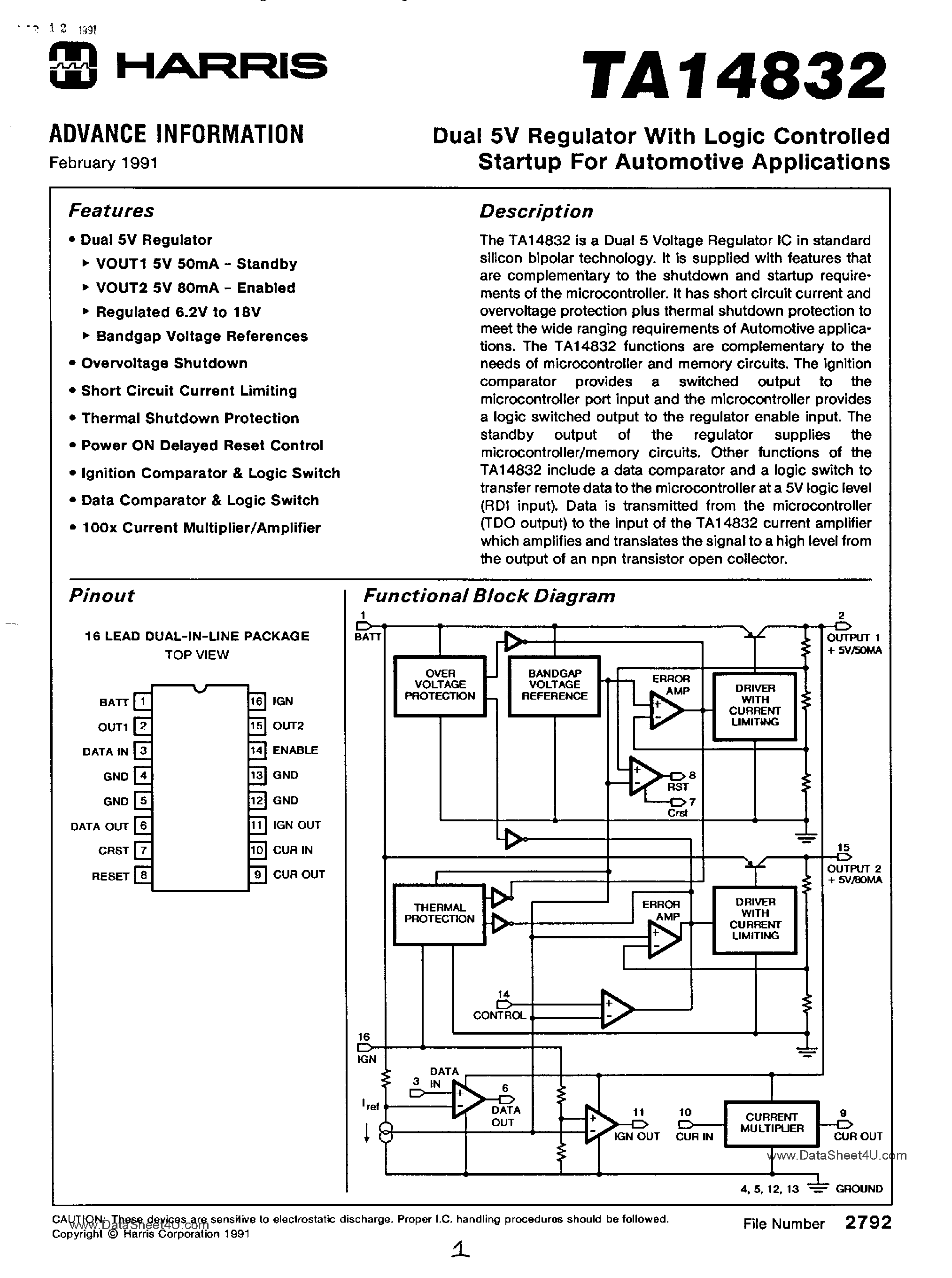 Datasheet TA14832 page 1 Datasheet TA14832 - DUAL 5V REGULATOR WITH LOGIC CONTROLLED STARUP FOR AUTOMOTIVE APPLICATIONS page 1