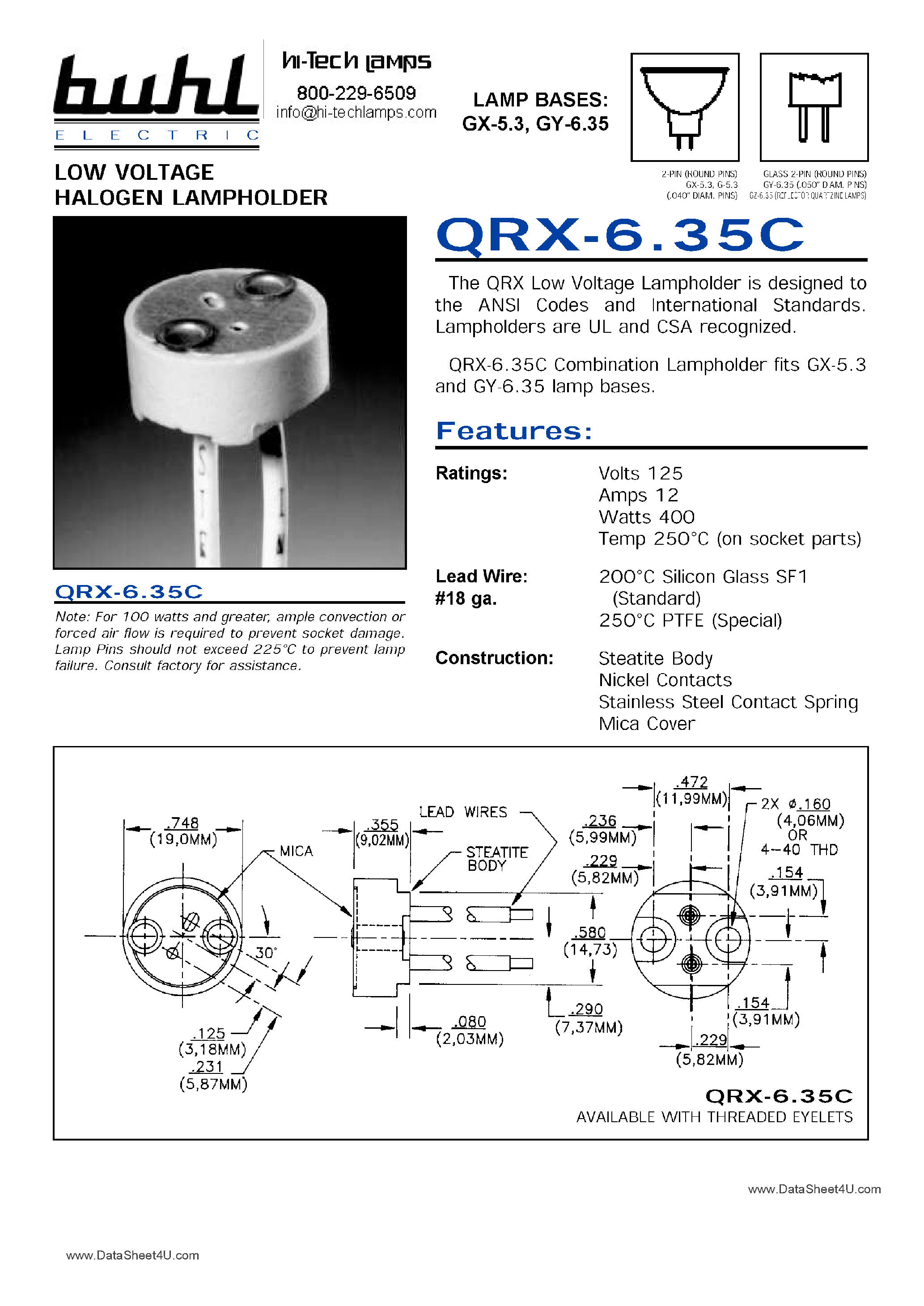 Даташит на микросхему QRX-6.35C страница 1 Даташит QRX-6.35C - Low Voltage Halogen Lampholder страница 1