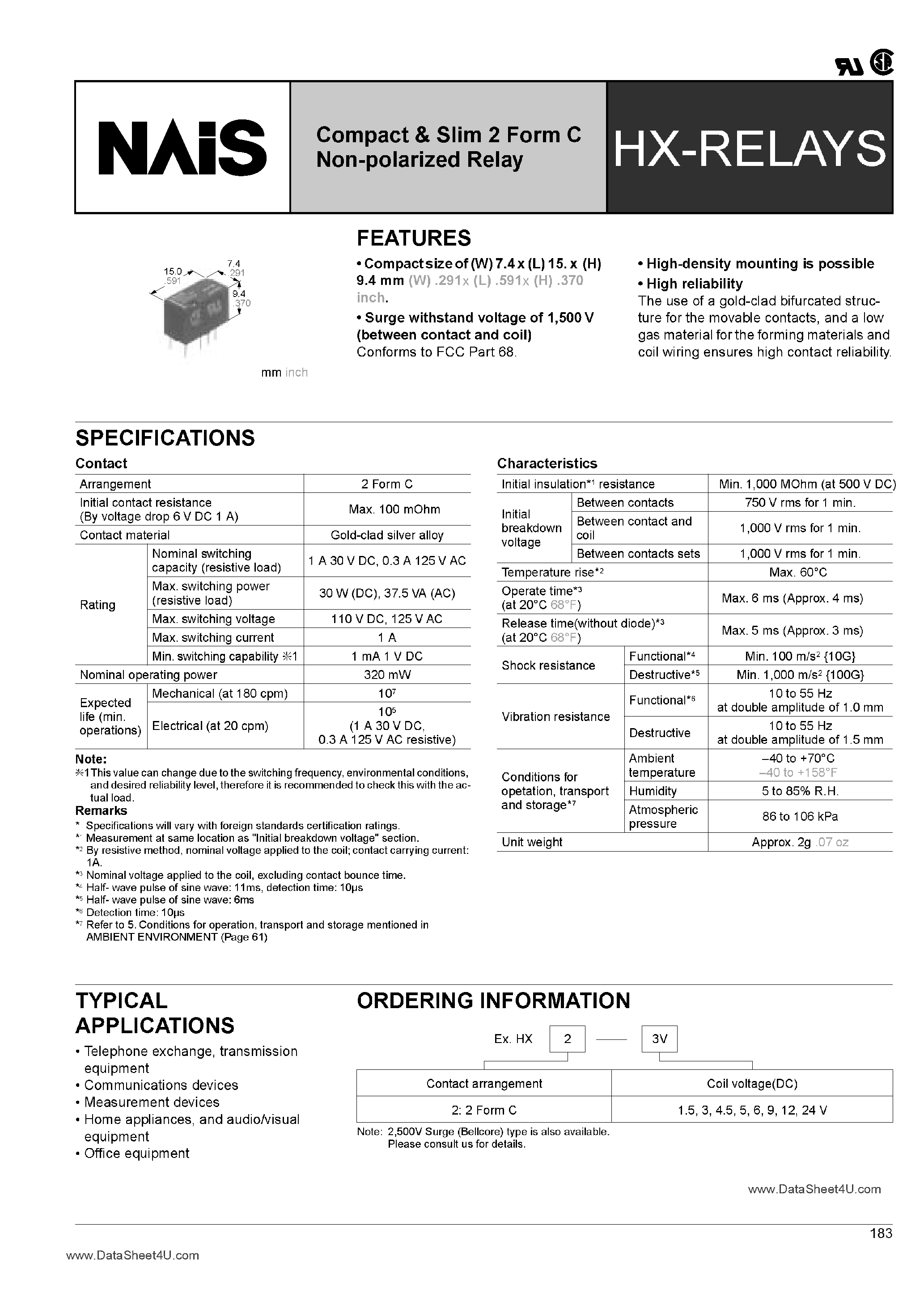 Datasheet HX2-1.5V - (HX2-xxV) HX Relays page 1