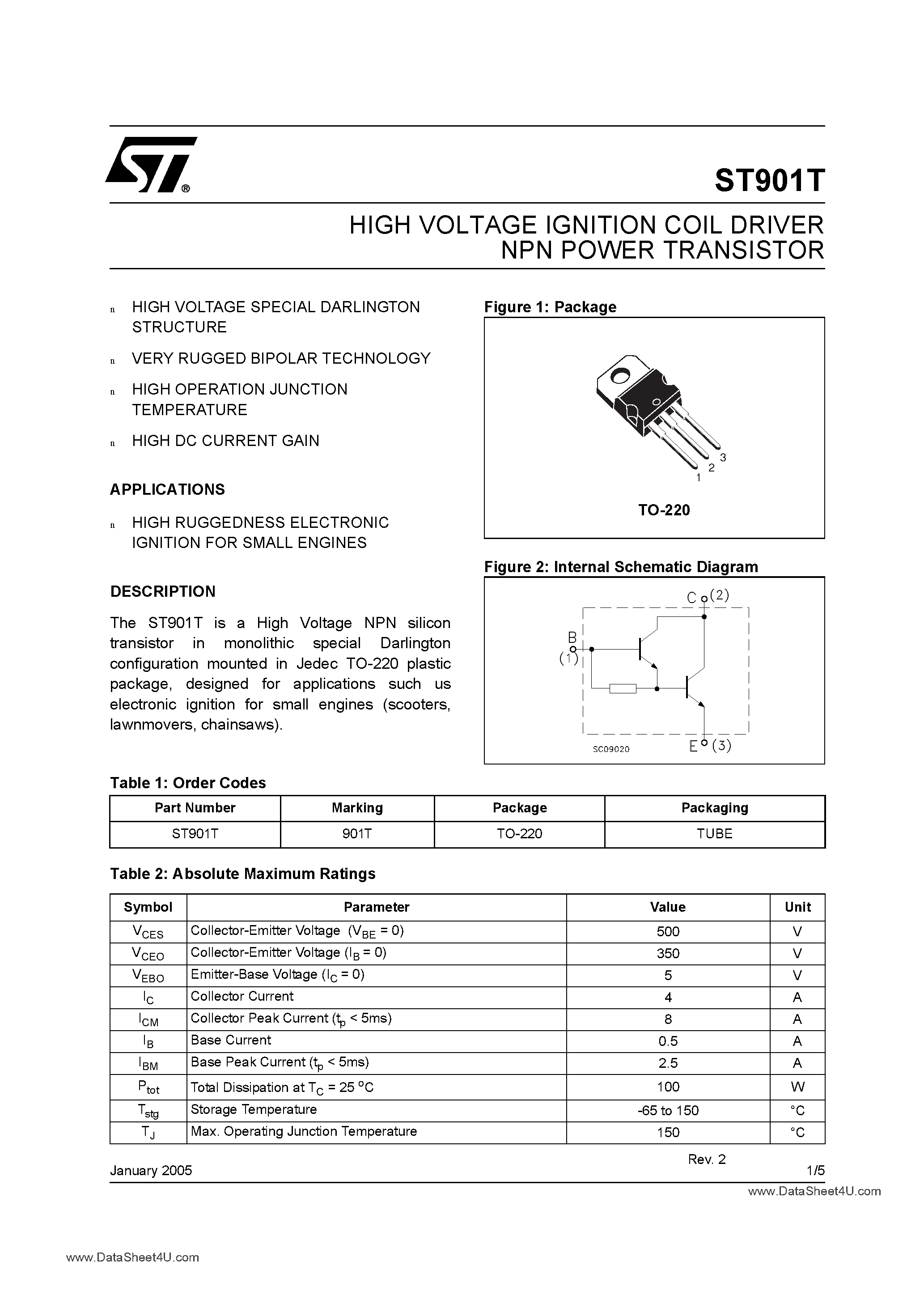 Даташит ST901T - HIGH VOLTAGE IGNITION COIL DRIVER NPN POWER DARLINGTON страница 1