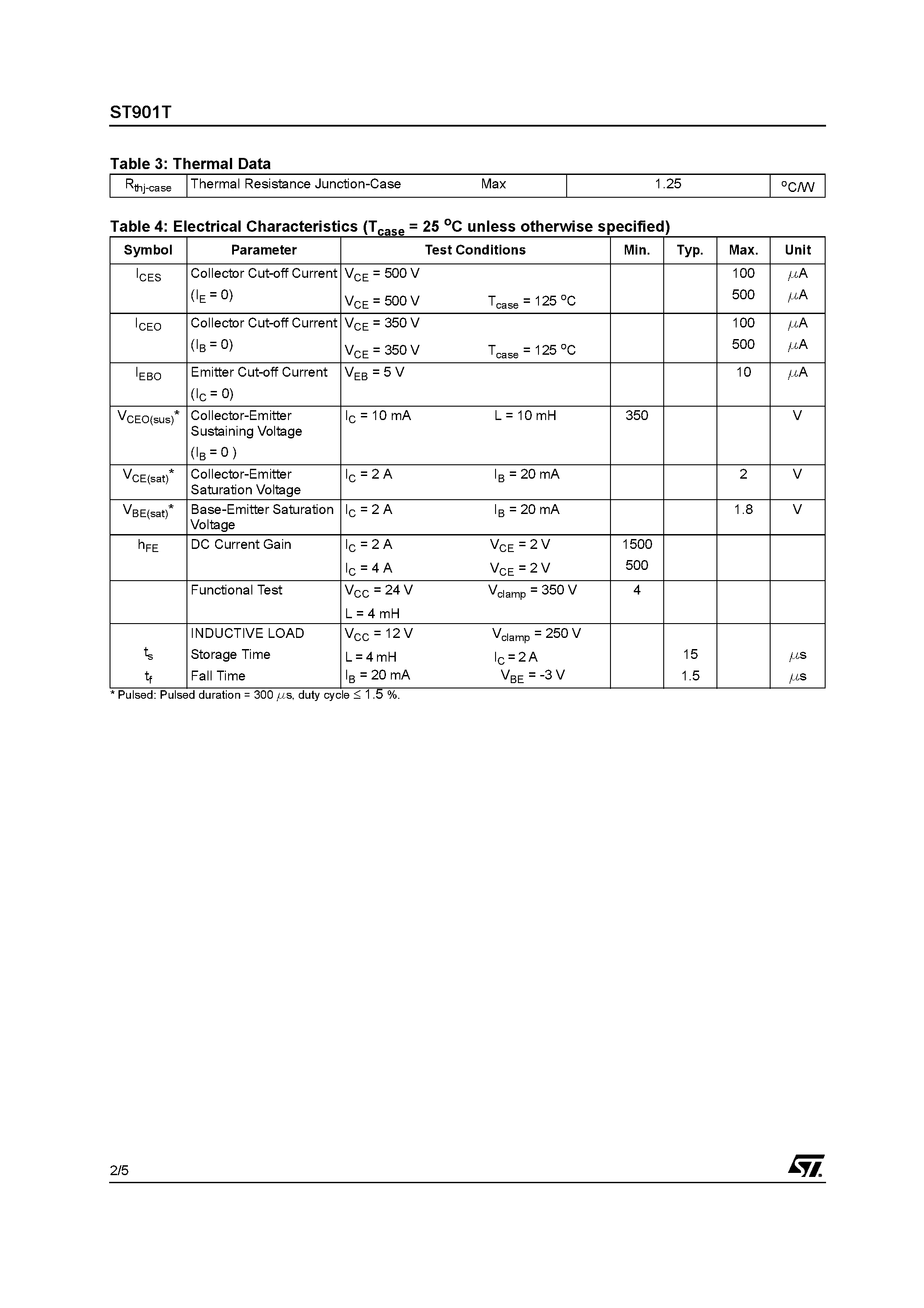 Даташит ST901T - HIGH VOLTAGE IGNITION COIL DRIVER NPN POWER DARLINGTON страница 2