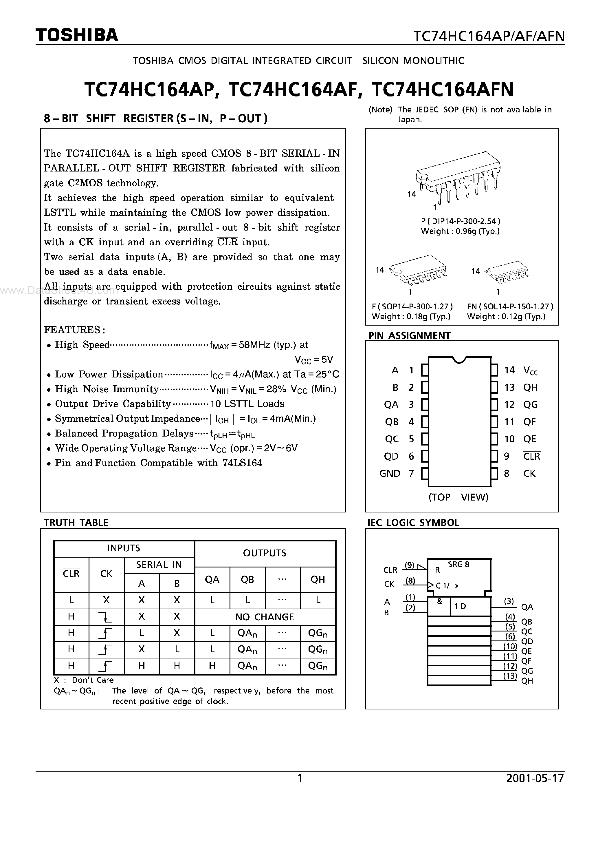 Datasheet 74HC164AP page 1 Datasheet 74HC164AP - Search -----> TC74HC164AP page 1