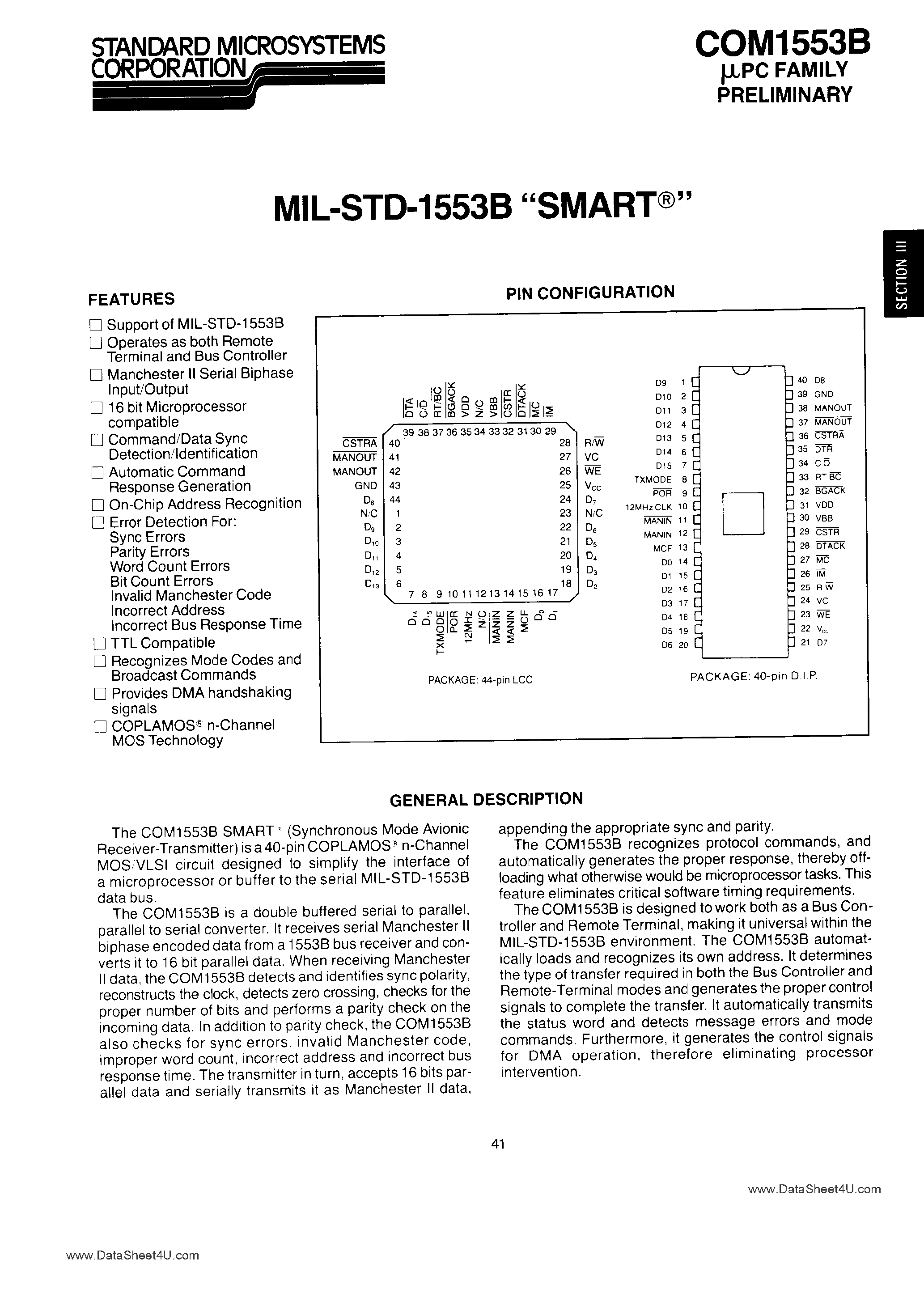 Даташит COM1553B - MIL-STD-1553/ARINC BUS CONTROLLER/RTU страница 1