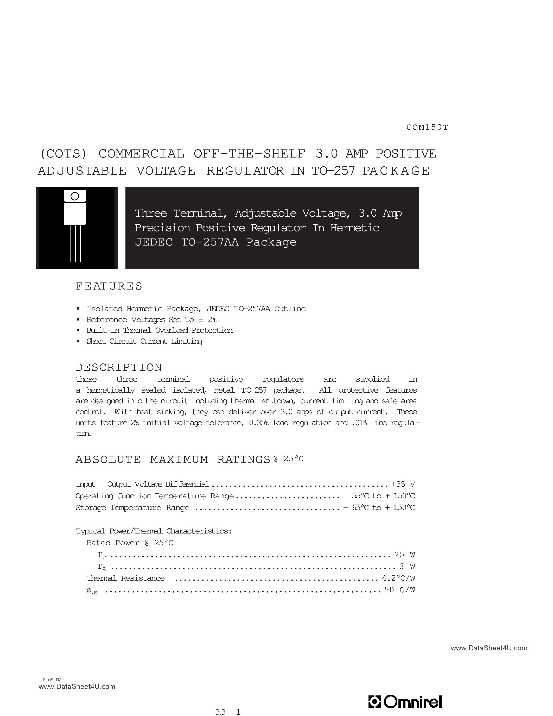 Datasheet COM150T page 1 Datasheet COM150T - Hi-rel Adjustable Voltage 3-Terminal Positive Regulator page 1