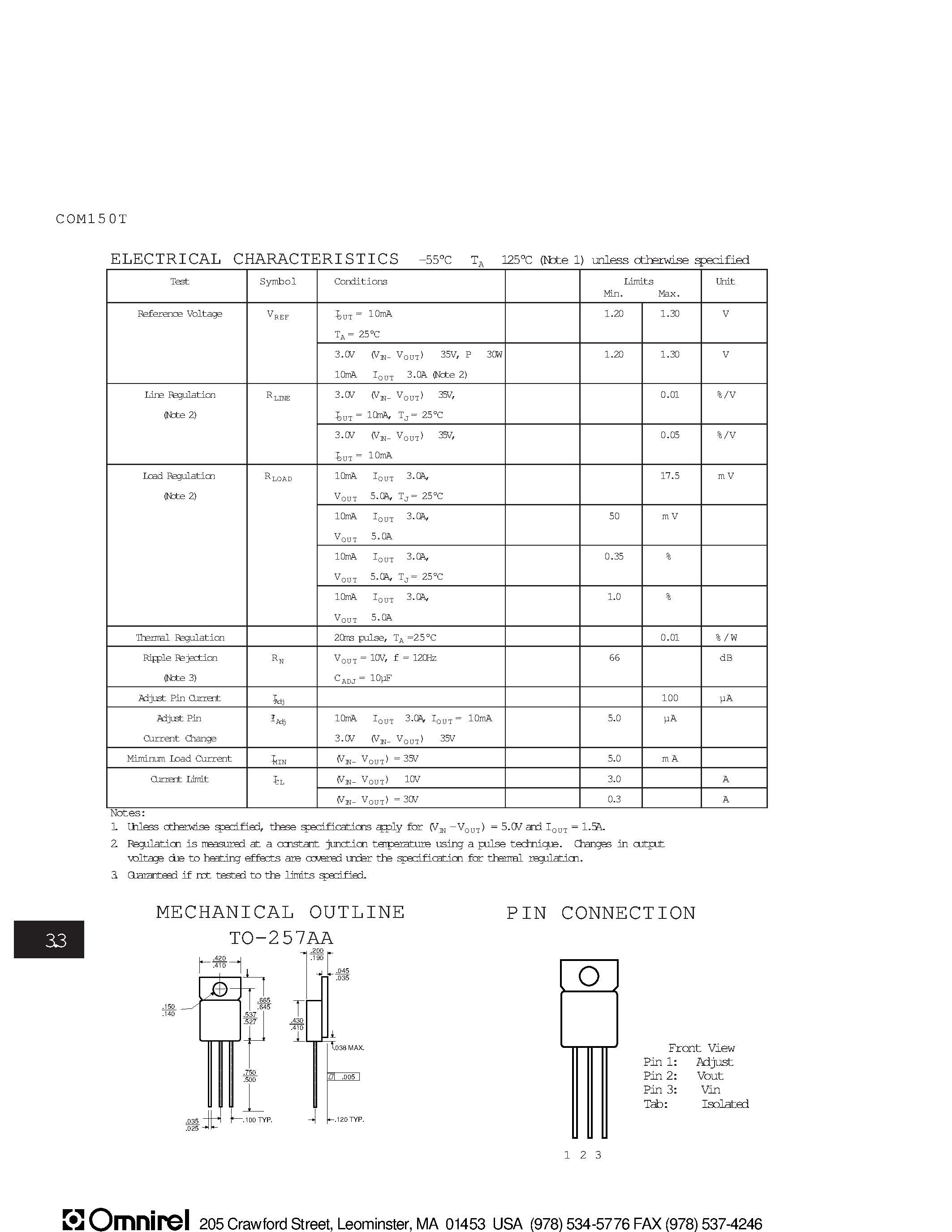 Datasheet COM150T page 2 Datasheet COM150T - Hi-rel Adjustable Voltage 3-Terminal Positive Regulator page 2