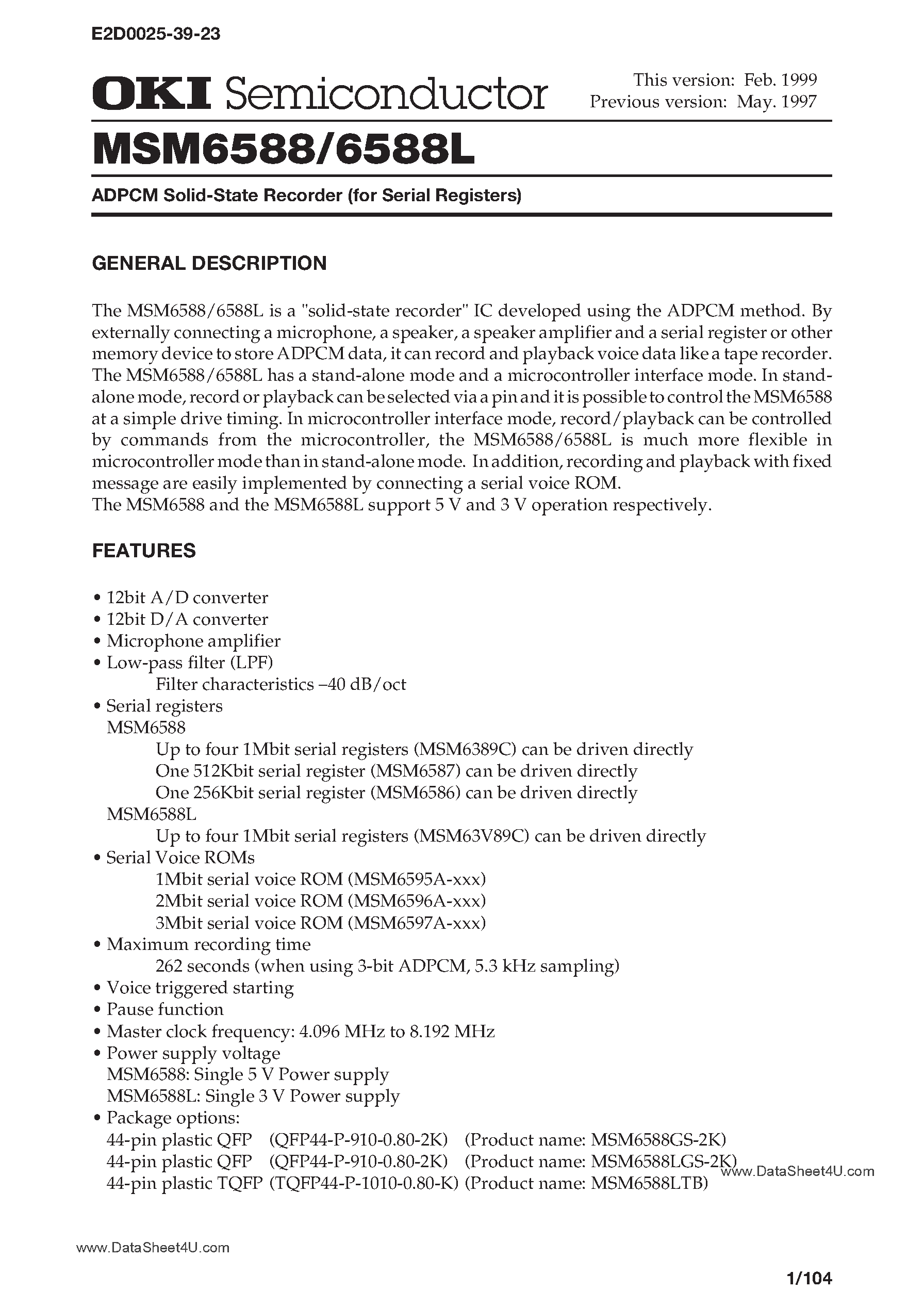 Даташит MSM6588 - ADPCM Solid-State Recorder страница 1