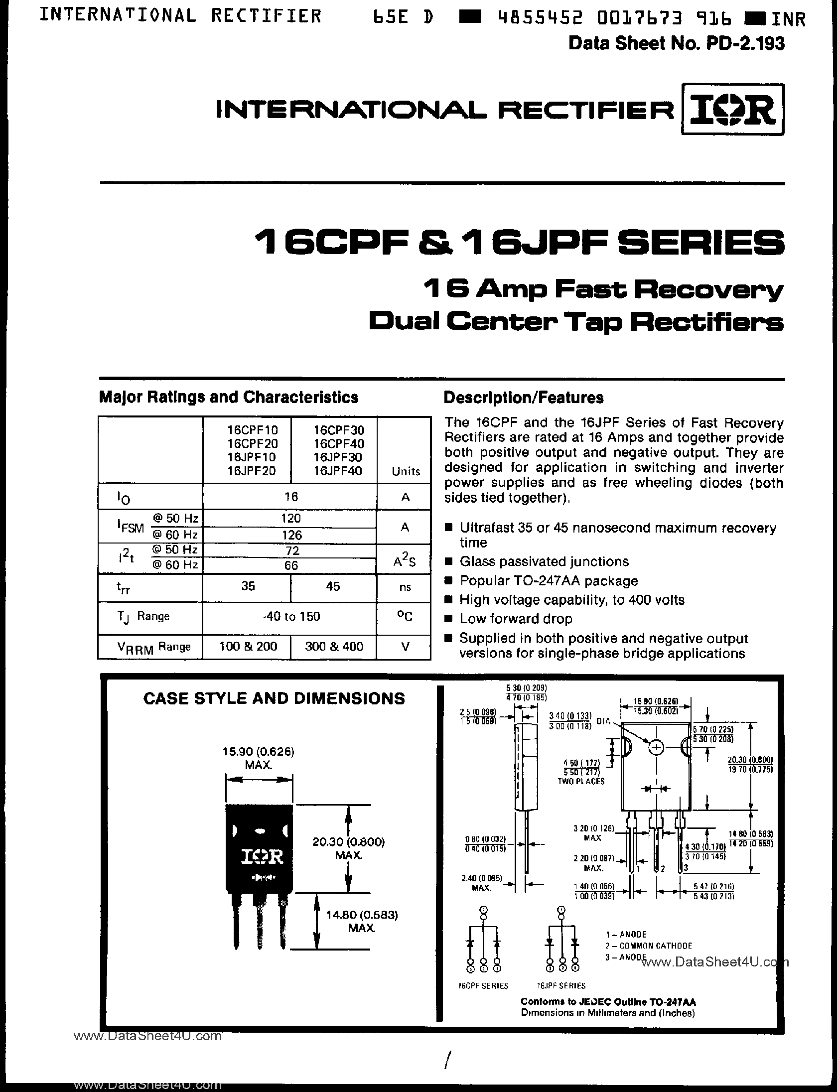 Datasheet 16JPF20 - (16JPF10 - 16JPF40) 16 AMP FAST RECOVERY DUAL CENTER TAP RECTIFIERS page 1