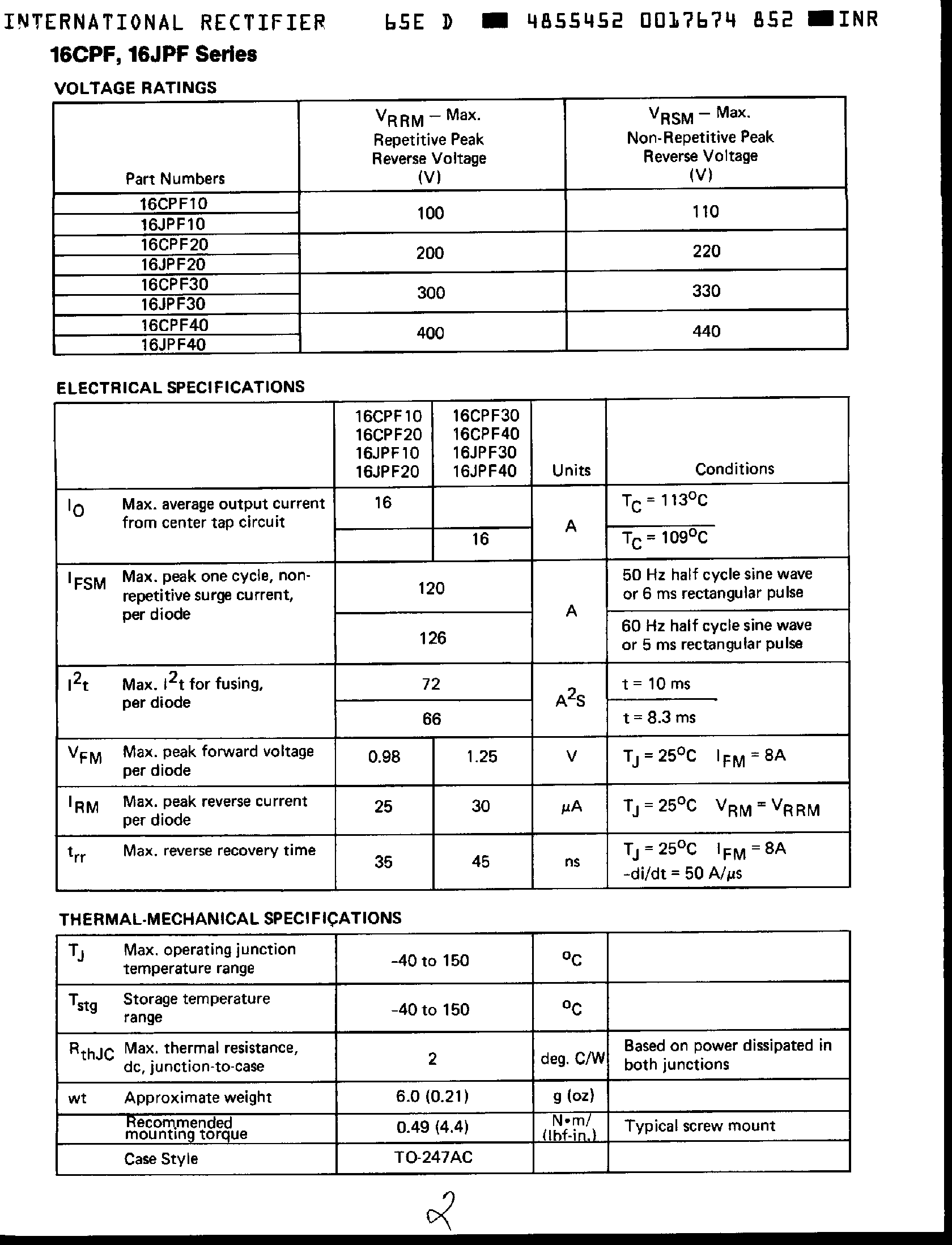 Datasheet 16JPF20 - (16JPF10 - 16JPF40) 16 AMP FAST RECOVERY DUAL CENTER TAP RECTIFIERS page 2
