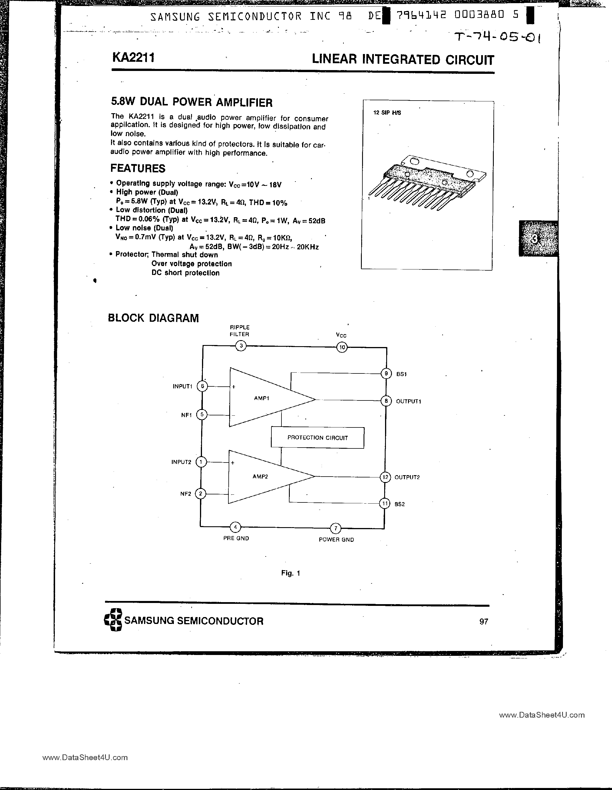 Datasheet KA2211 page 1 Datasheet KA2211 - 5.8W Dual Power Amplifier page 1