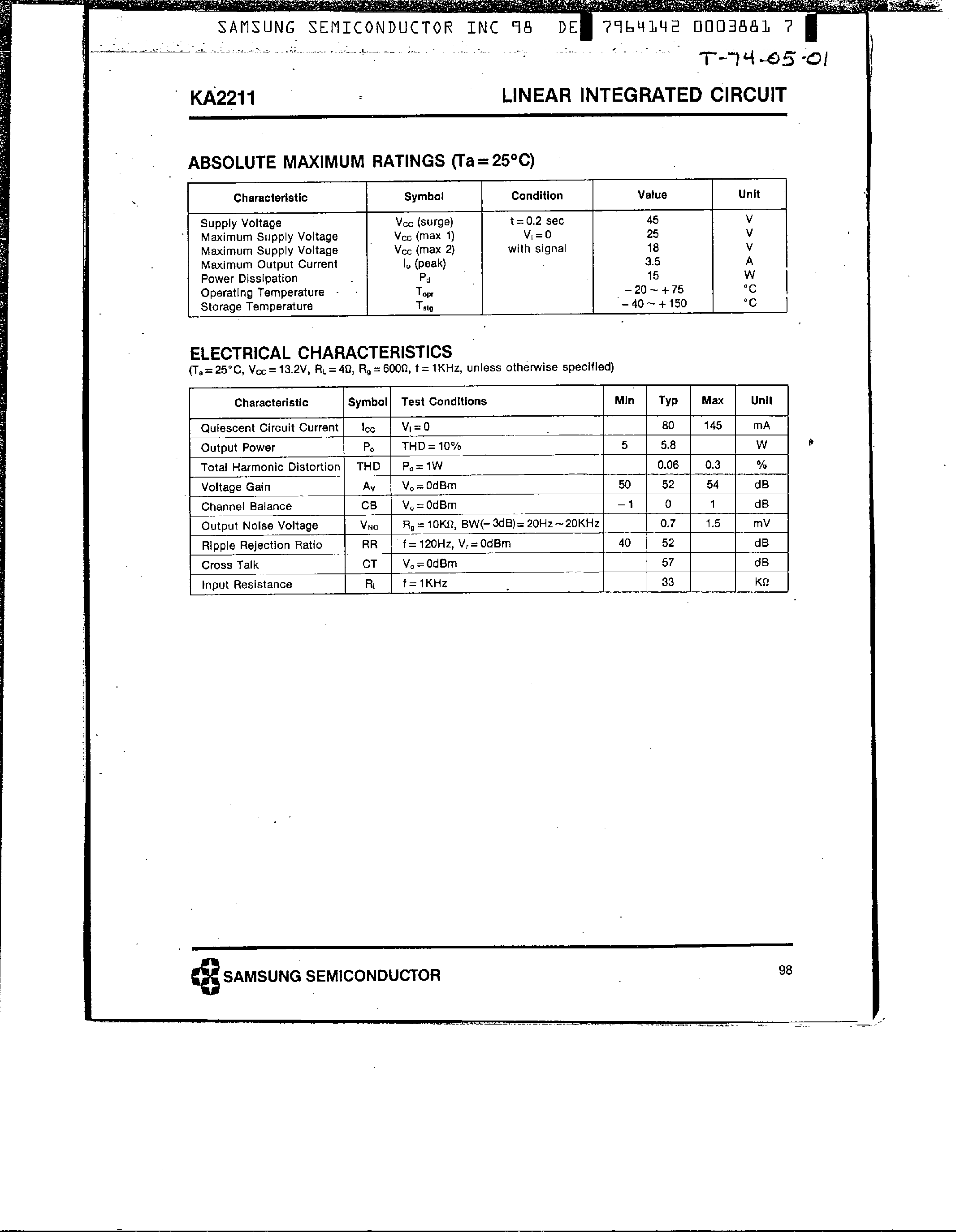 Datasheet KA2211 page 2 Datasheet KA2211 - 5.8W Dual Power Amplifier page 2