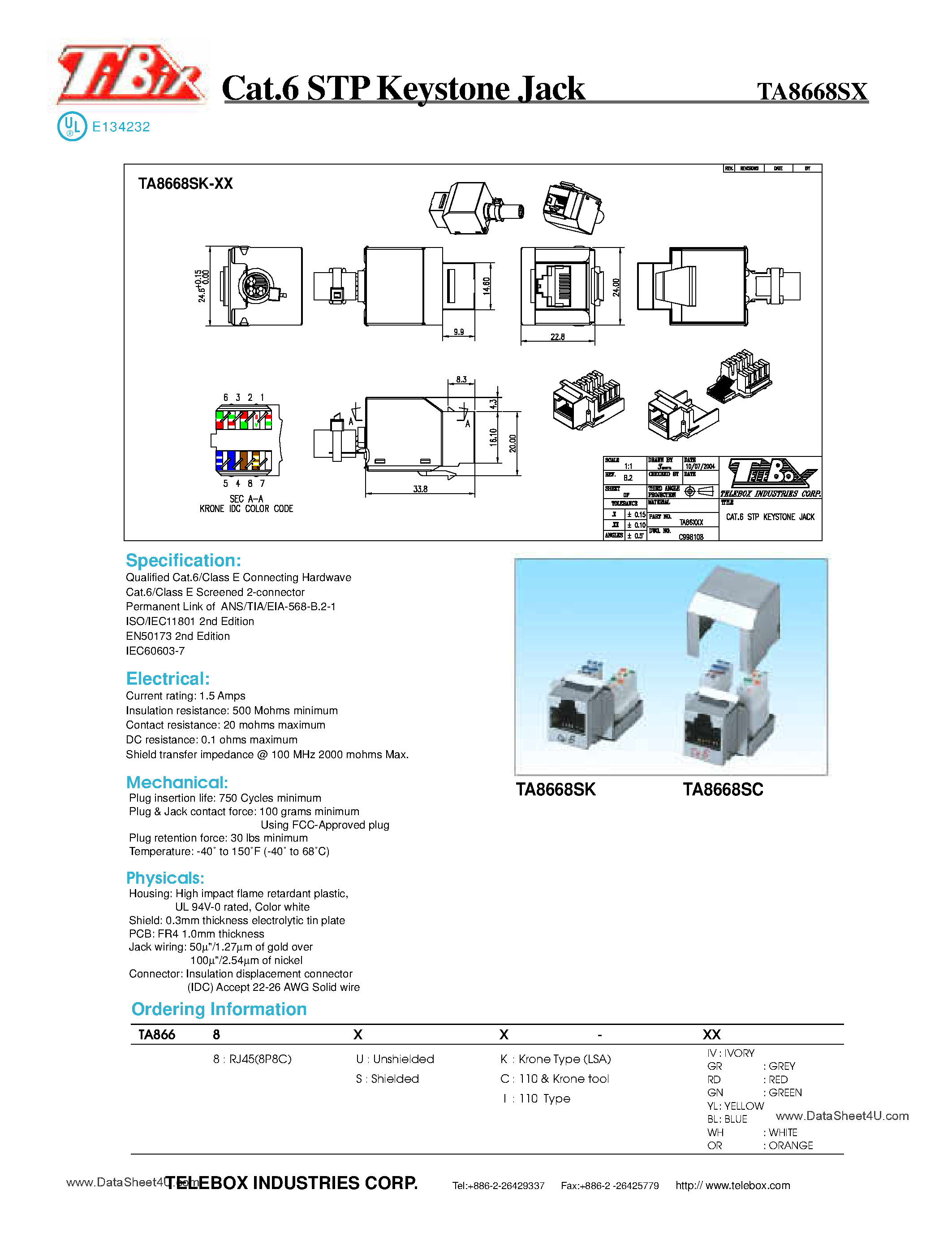 Datasheet TA8668Sx - STP Keystone Jack page 1