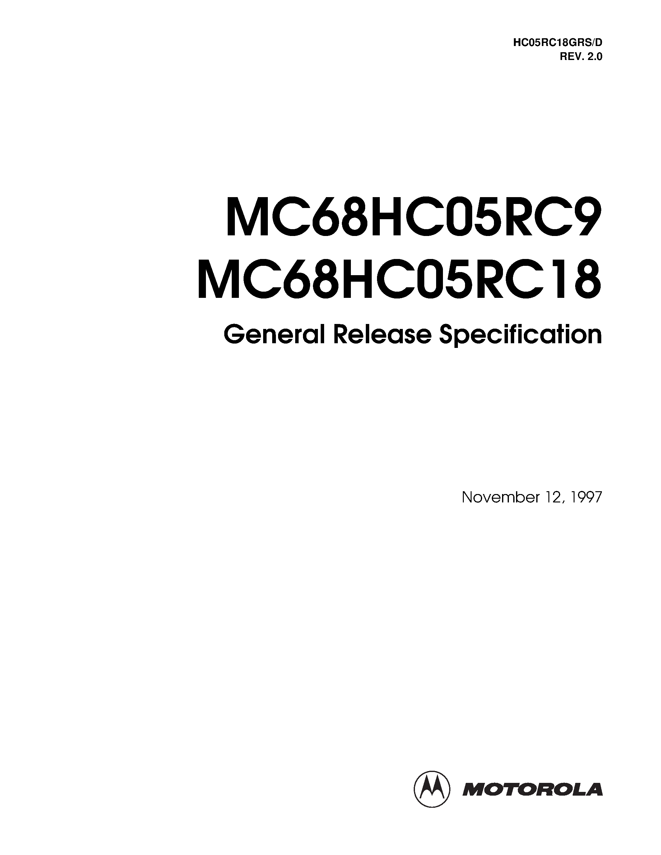 Datasheet MC68HC05RC18 - (MC68HC05RC9 / MC68HC05RC18) Microcontroller page 1