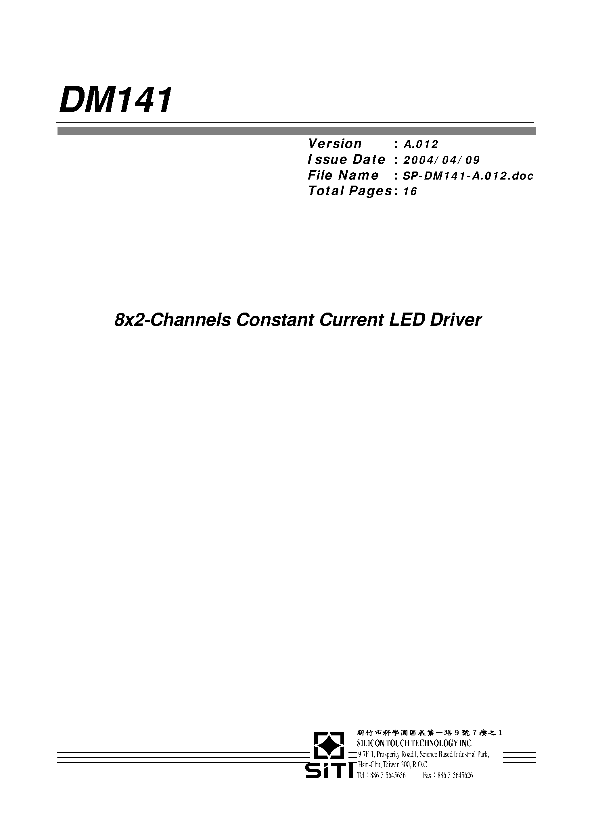 Datasheet DM141 - 8 x 2 Channel Constant Current LDE Driver page 1