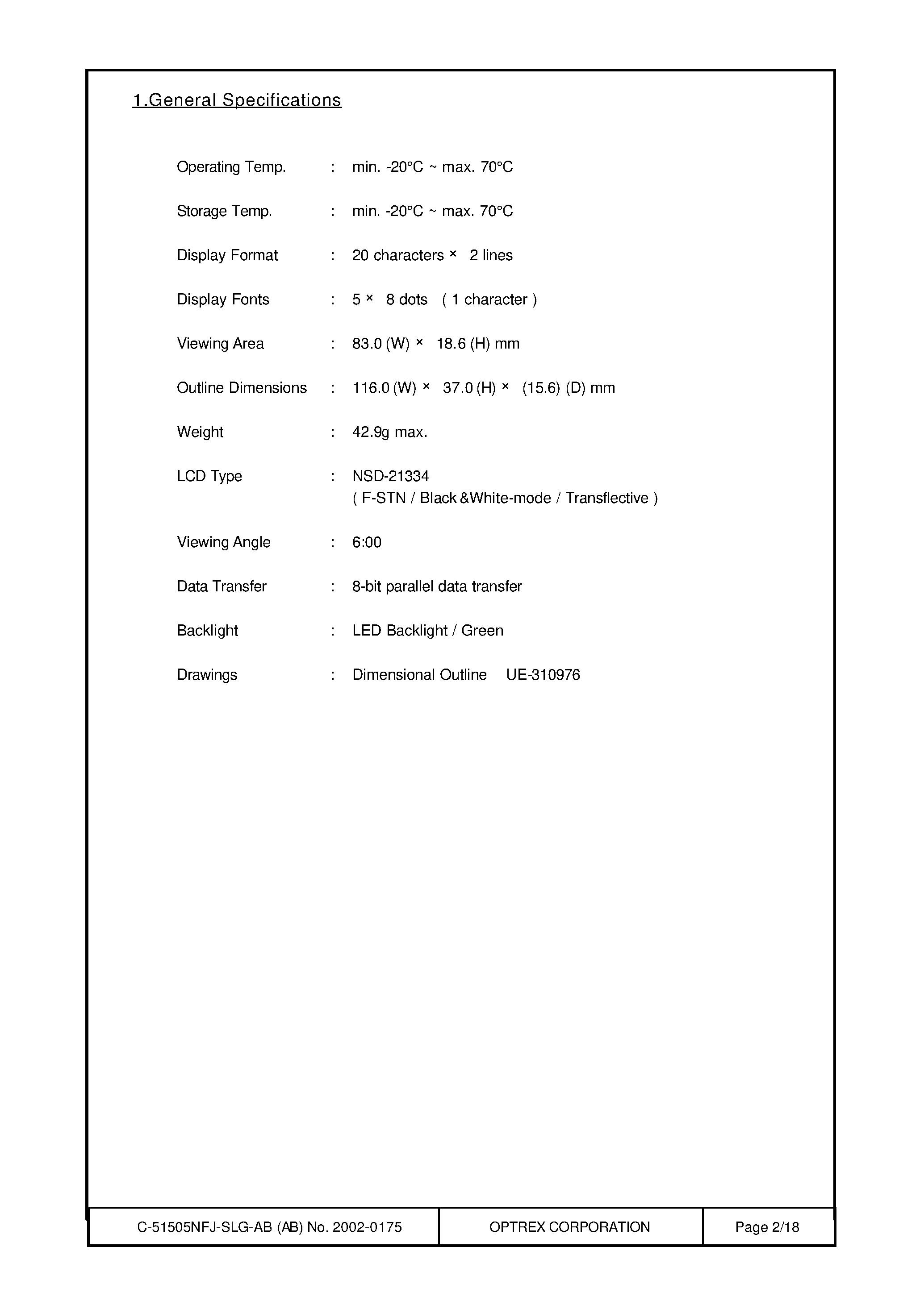 Даташит C-51505NFJ-SLG-AB - LCD Module Technical Specification страница 2