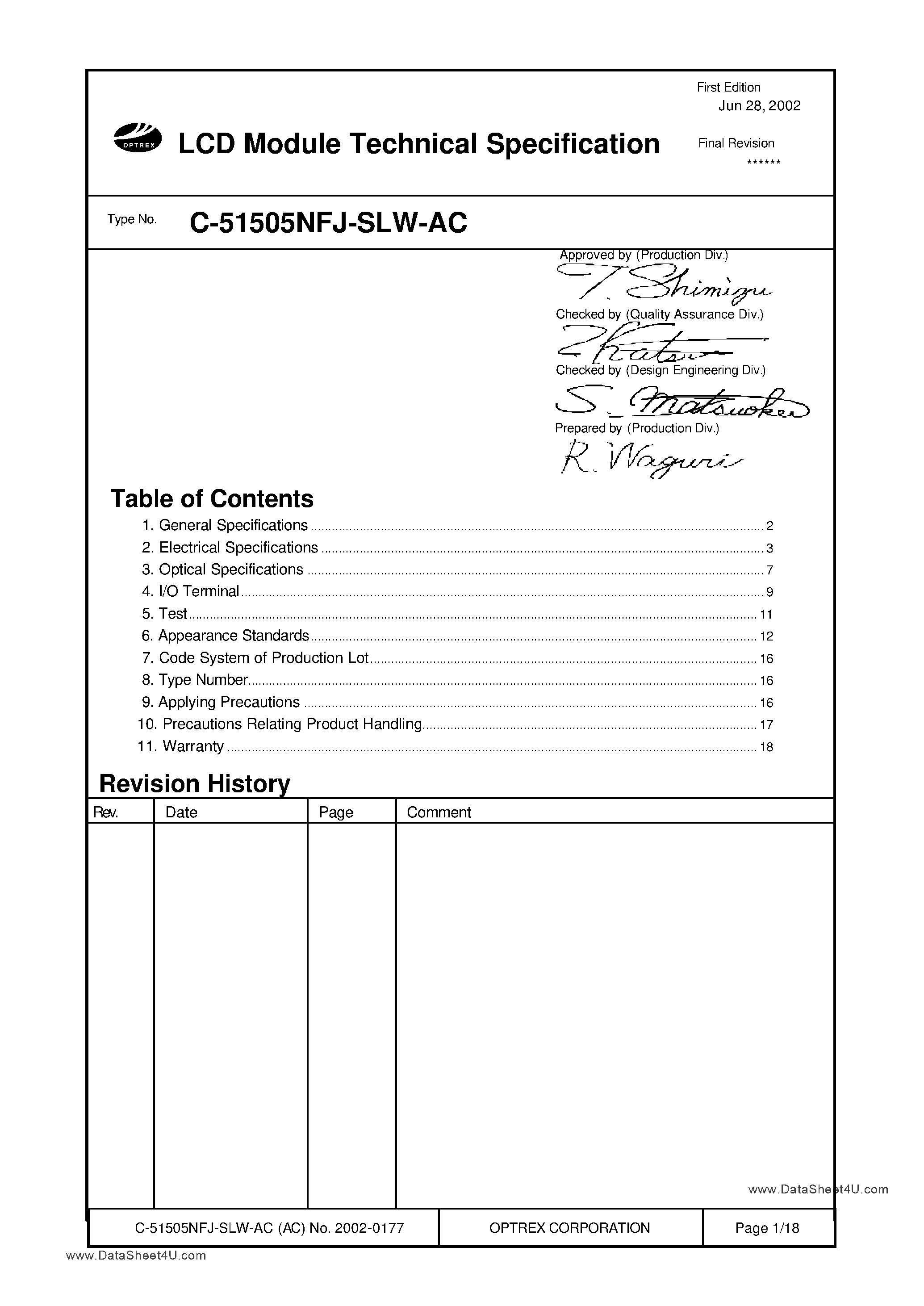 Даташит C-51505NFJ-SLW-AC - LCD Module Technical Specification страница 1