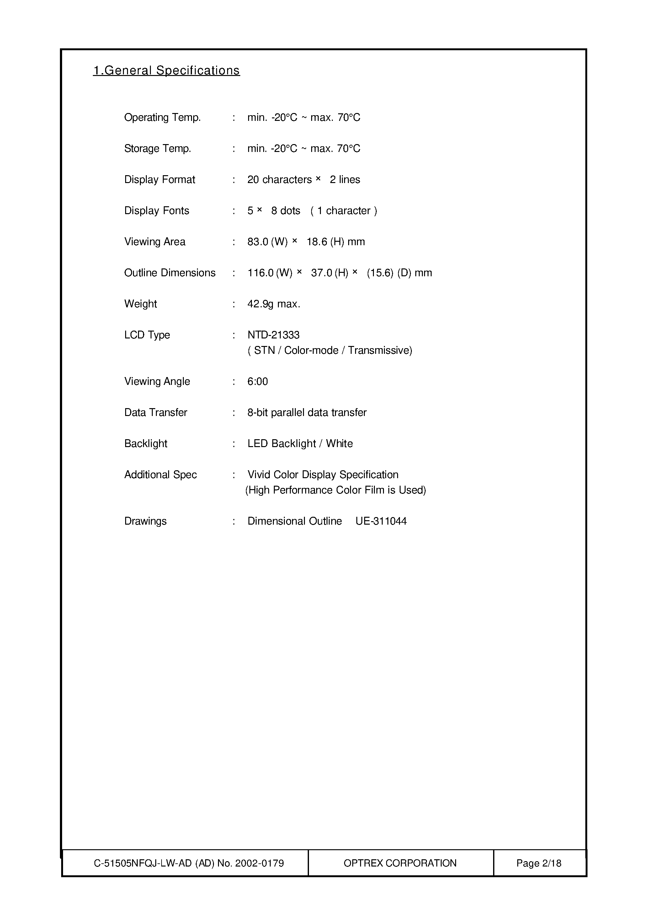 Datasheet C-51505NFQJ-LW-AD - LCD Module Technical Specification page 2