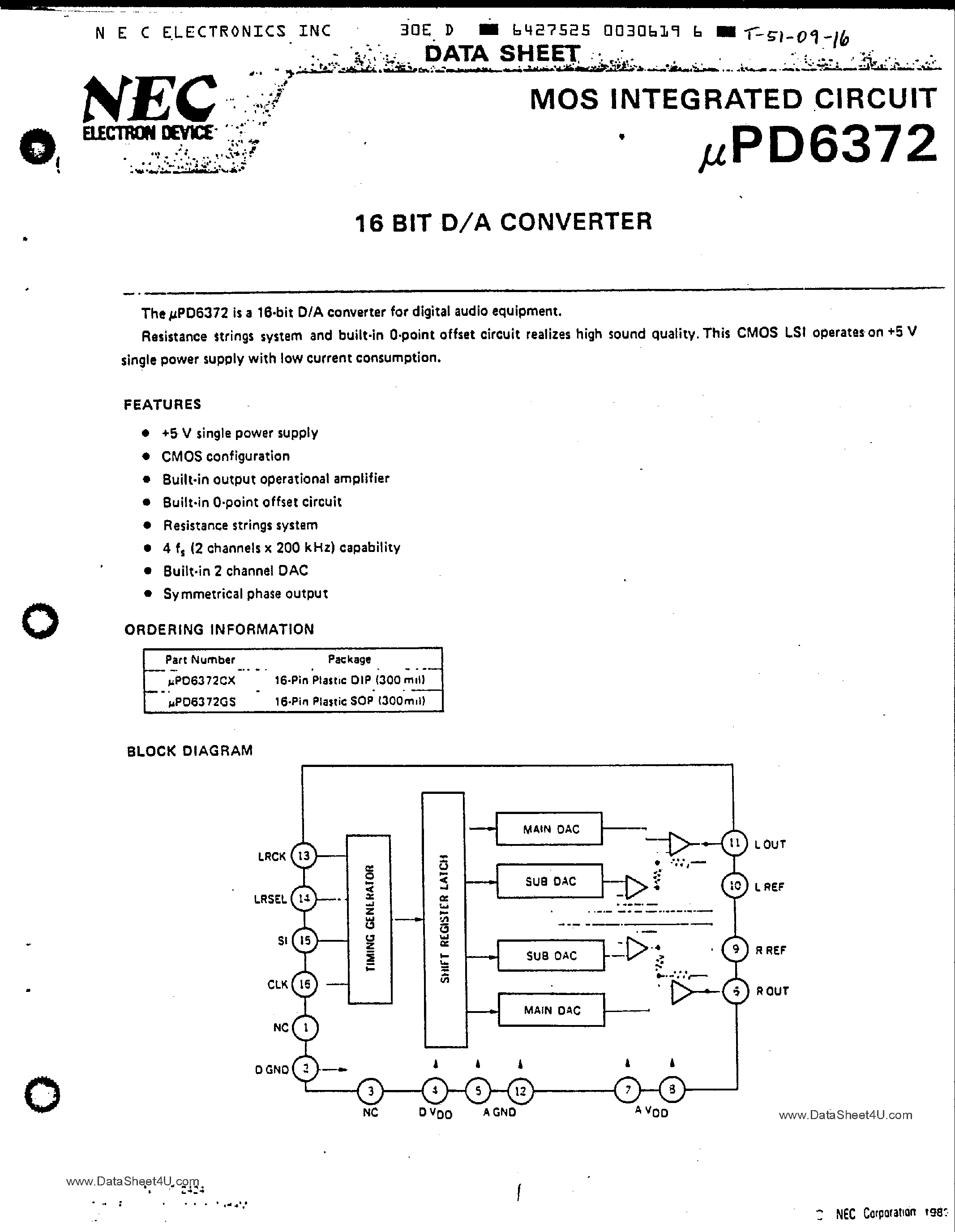 Даташит UPD6372 - 16-Bit D/A Converter страница 1