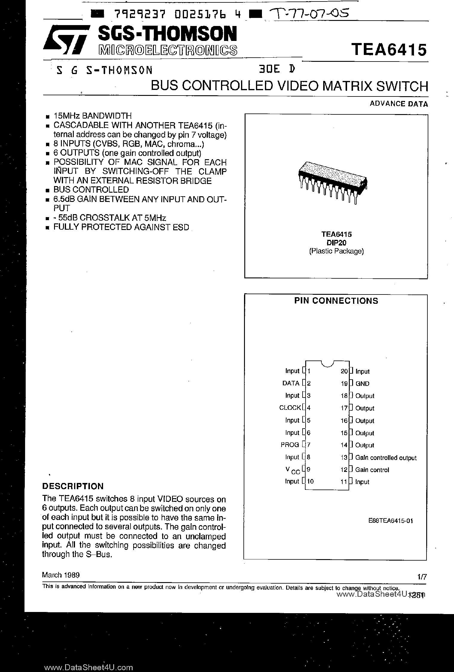 Datasheet TEA6415 page 1 Datasheet TEA6415 - Bus Controlled Video Matrix Switch page 1