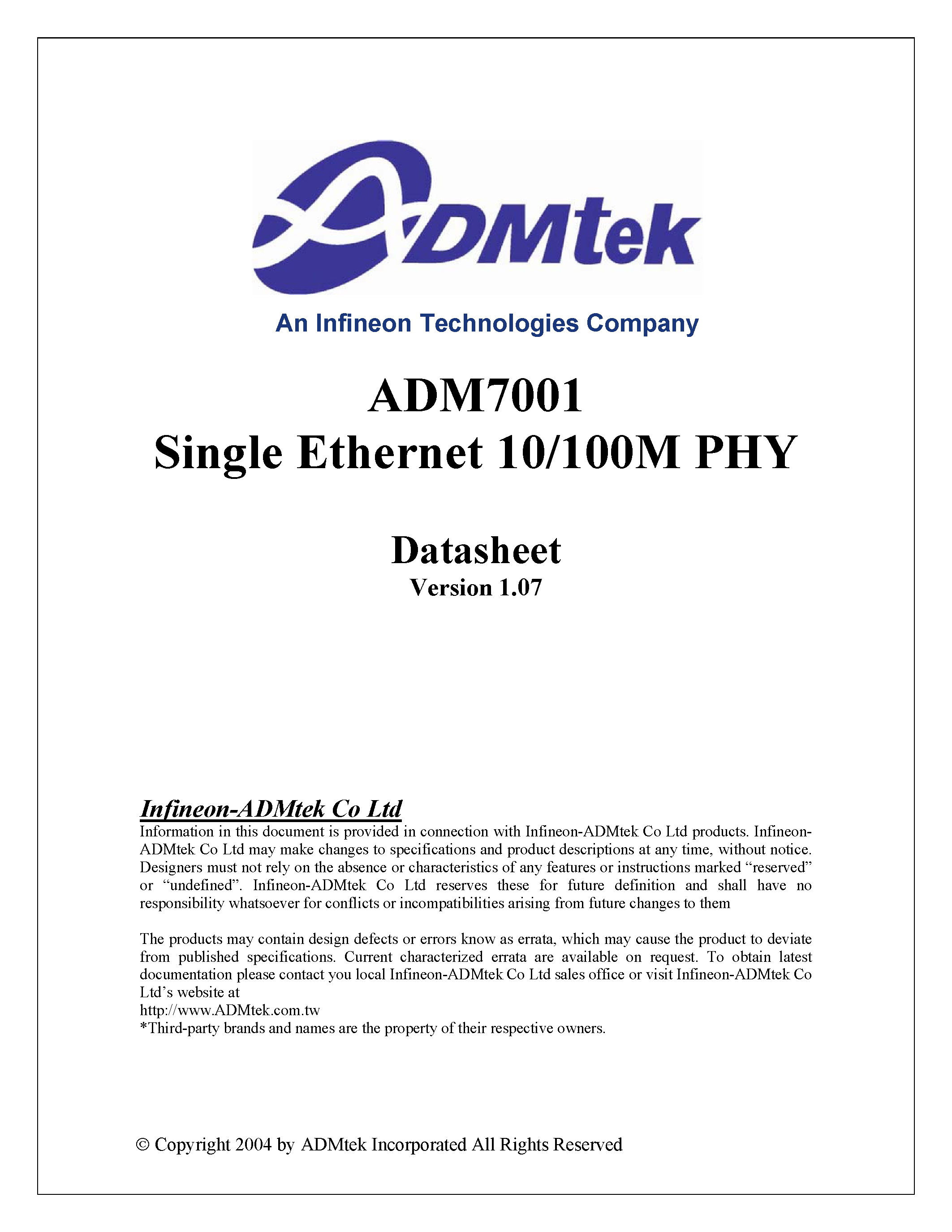 Даташит на микросхему ADM7001 страница 1 Даташит ADM7001 - Single Ethernet 10/100M PHY страница 1