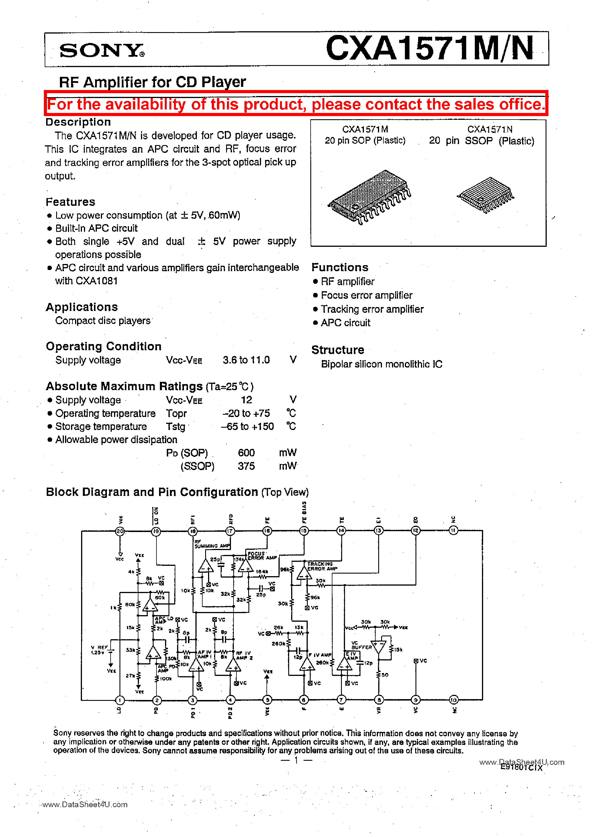 Datasheet CXA1571M - RF Amplifier page 1